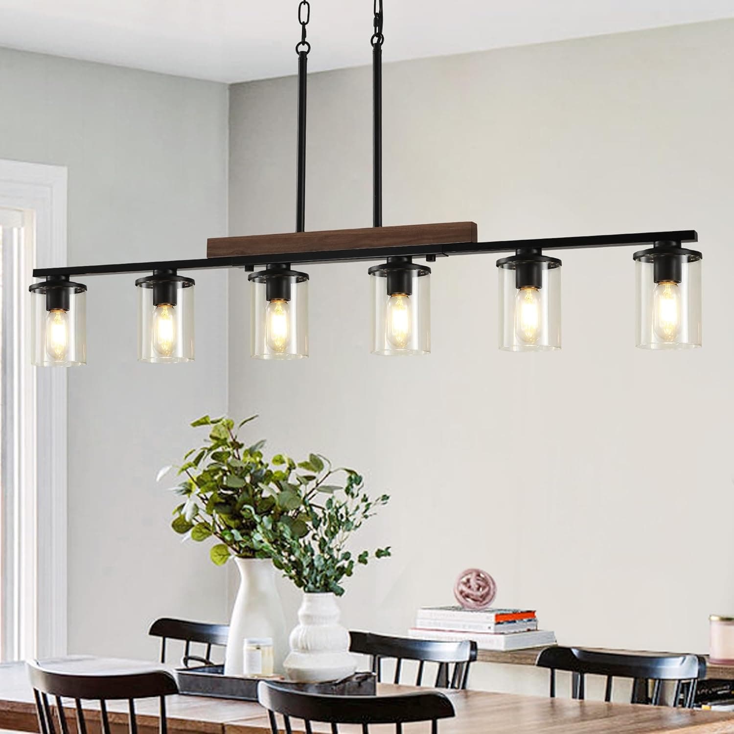 Luminárias de ilha de cozinha de 118 cm, lustre de 6 luzes para sala de jantar sobre mesa, luminária pendente de teto de madeira rústica moderna preta, com sombra de vidro transparente, lustre de
