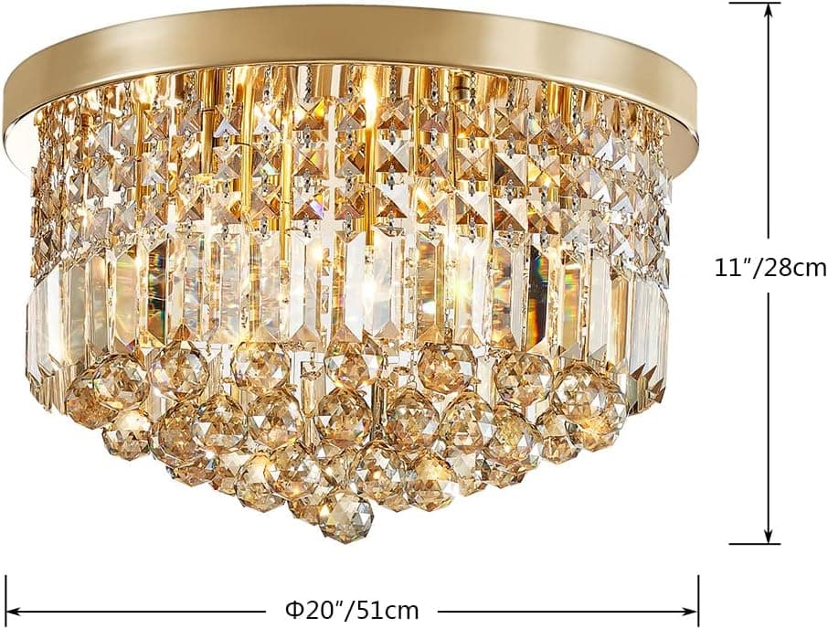 SM Saint Mossi Lustre de cristal K9 moderno 22002, montagem embutida, perfeito para sala de jantar quarto; base de lâmpada 9 x E12; altura 28 x diâmetro 50 cm; cristal champanhe e acabamento dourado - Imagem 3