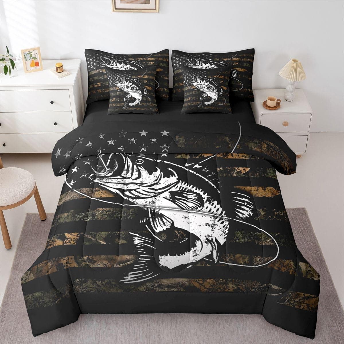 Erosebridal Jogo de cama casal camuflado com bandeira americana de 7 peças de peixe, camuflagem, bandeira americana, para crianças, meninos e adolescentes, conjunto de edredom com lençol de cama e