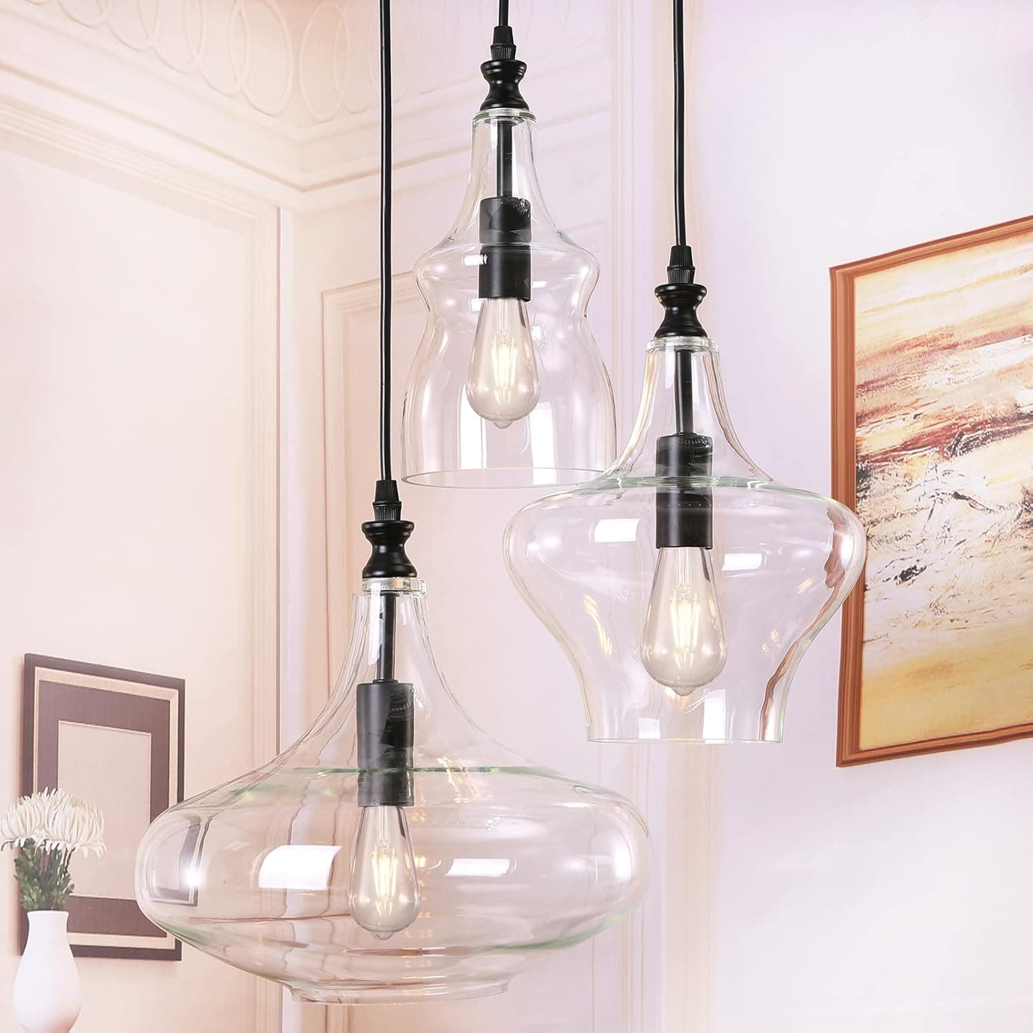 TOCHIC Lustre pendente de vidro para sala de jantar, iluminação pendente de globo moderno para quarto, 3 luzes celeiro teto cozinha ilha luz para hall de entrada, corredor