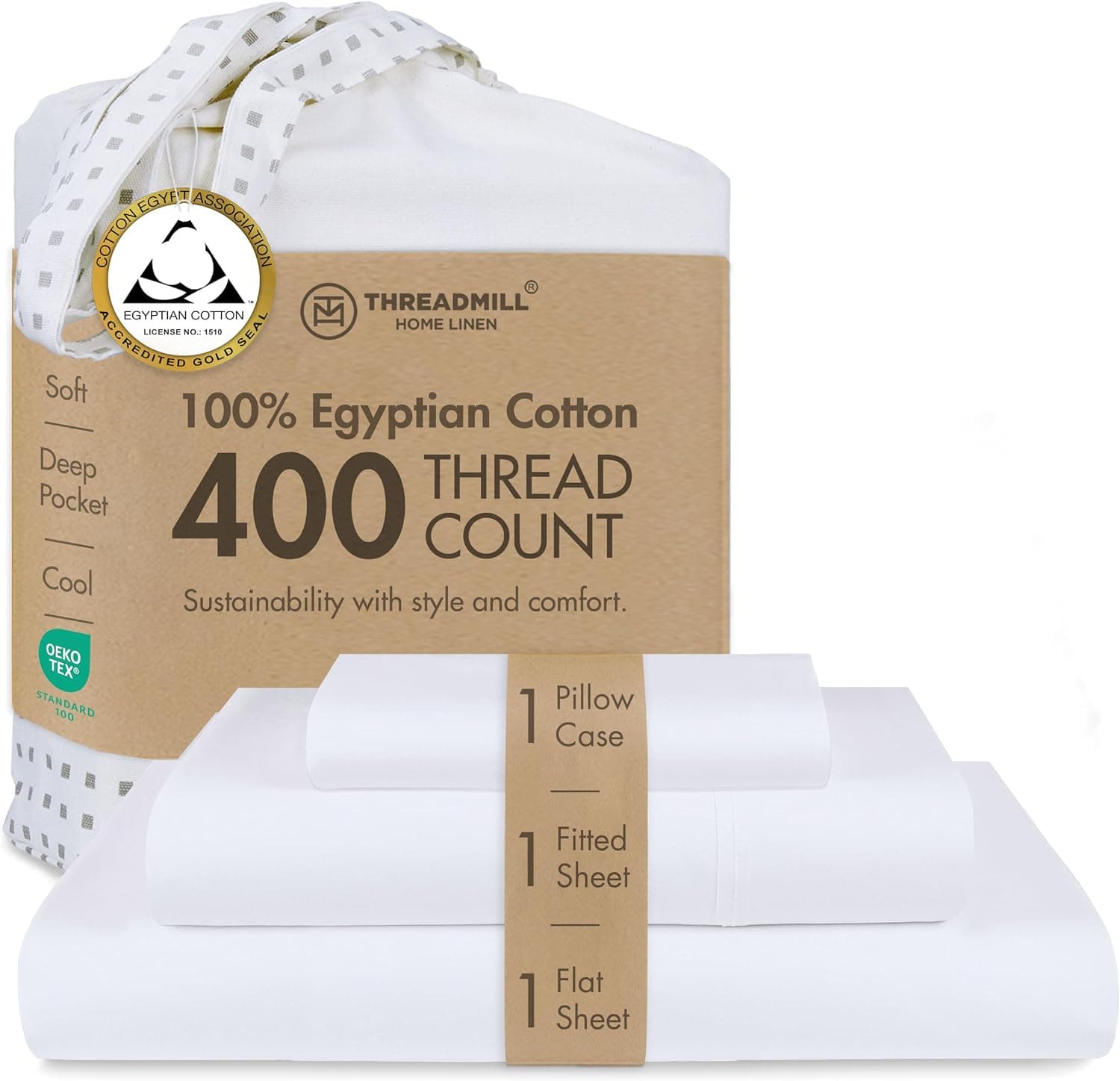 Conjunto de lençóis de 400 fios de linho para casa Threadmill 100% algodão, 4 peças de elástico, serve para colchões de até 45 cm de profundidade acetinado sólido, tamanho king branco da, Branco, Twin