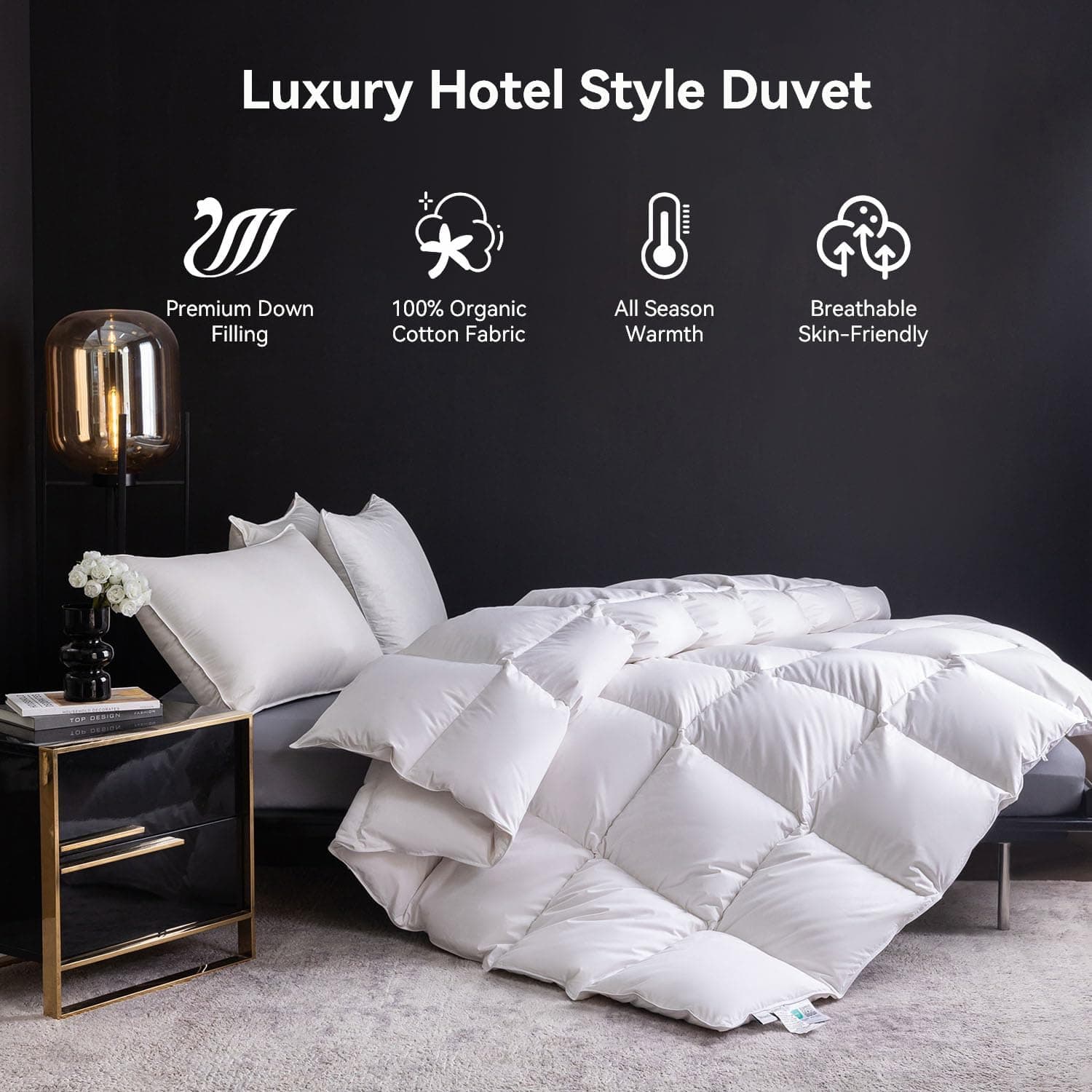 Edredom de plumas tamanho Cal King, edredom de cama estilo hotel, 750+ potência de enchimento, 1200TC, tecido 100% algodão orgânico, enchimento de edredom branco para todas as estações com 8 - Imagem 3