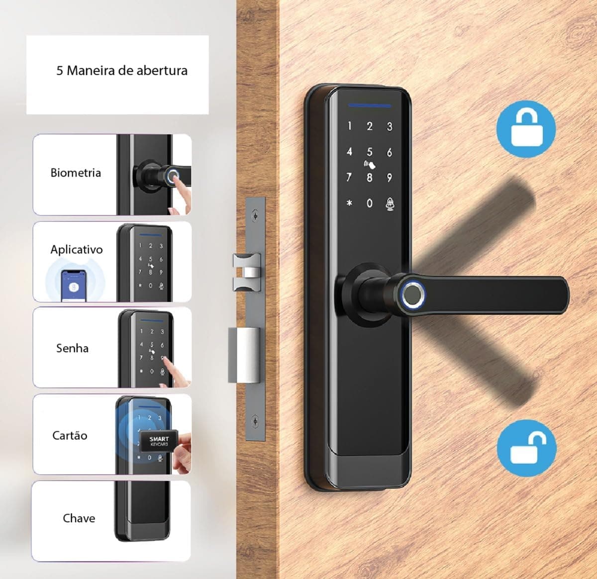 Fechadura Inteligente Wi-Fi embutir com Biometria, Senha, Tag e Chave - Imagem 3