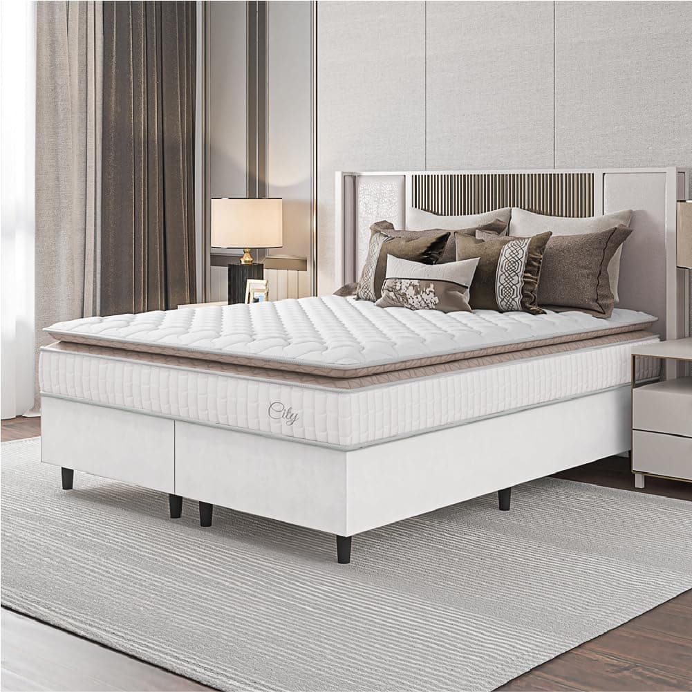 Cama Box Colchão Casal King Molas Ensacadas City Pillow Top 193x203x61cm Linho Branco/Bege Hellen - Suporta até 110kg por Pessoa - Imagem 3