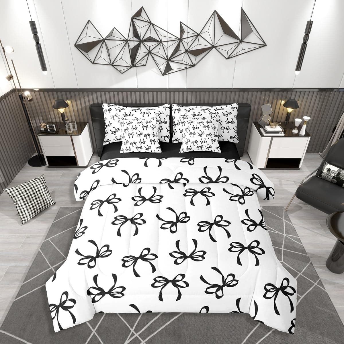 Erosebridal Jogo de cama solteiro com laço e laço em aquarela, preto, 7 peças, para crianças, adolescentes, adultos, moderno, moderno, conjunto de cama com laço em uma bolsa com lençóis, preto e