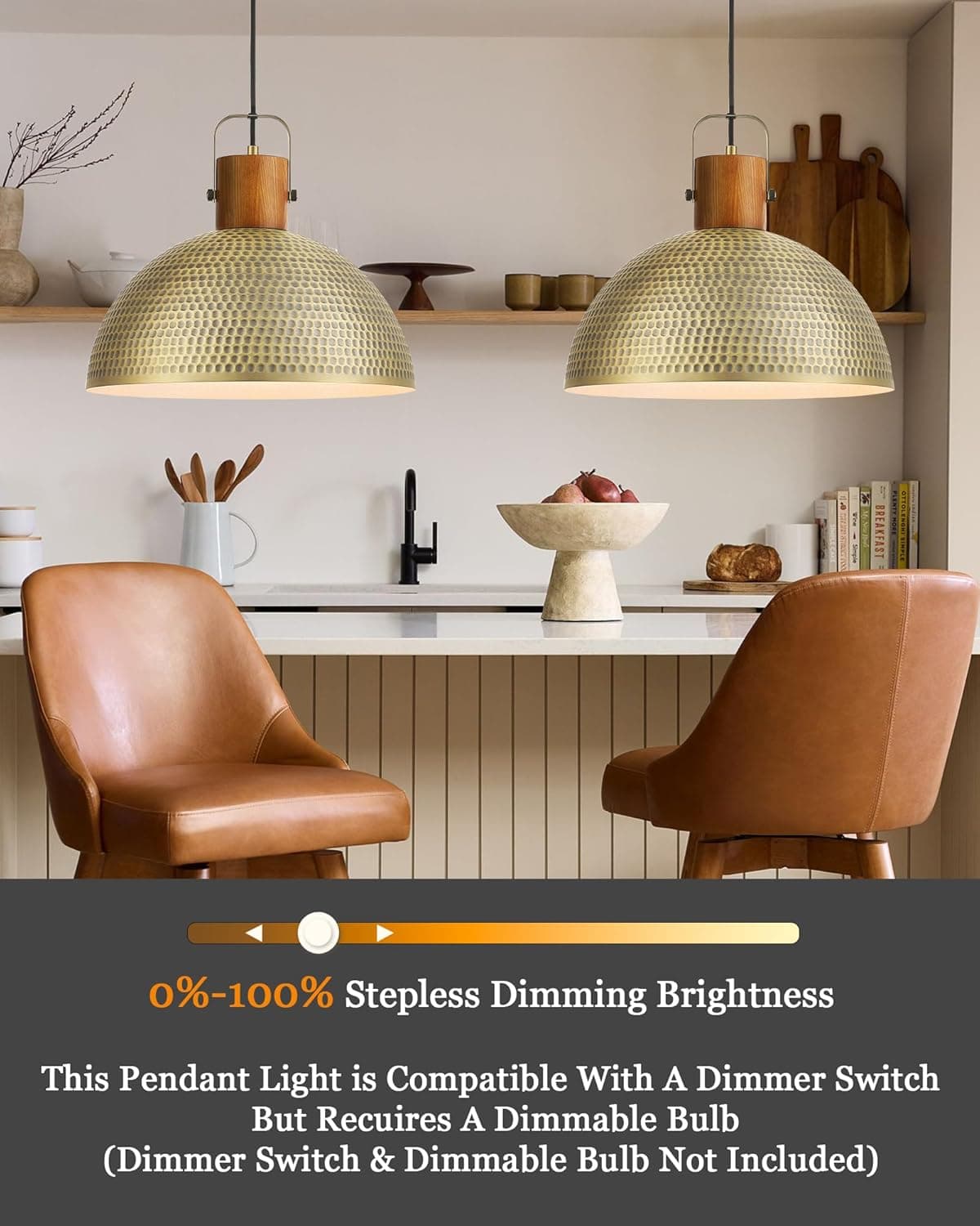 ELYONA Pacote com 2 luminárias pendentes marteladas grandes, lâmpada suspensa vintage de madeira de freixo de 40,6 cm, luminária pendente de meados do século antigo para ilha de cozinha, fazenda, sala - Imagem 3