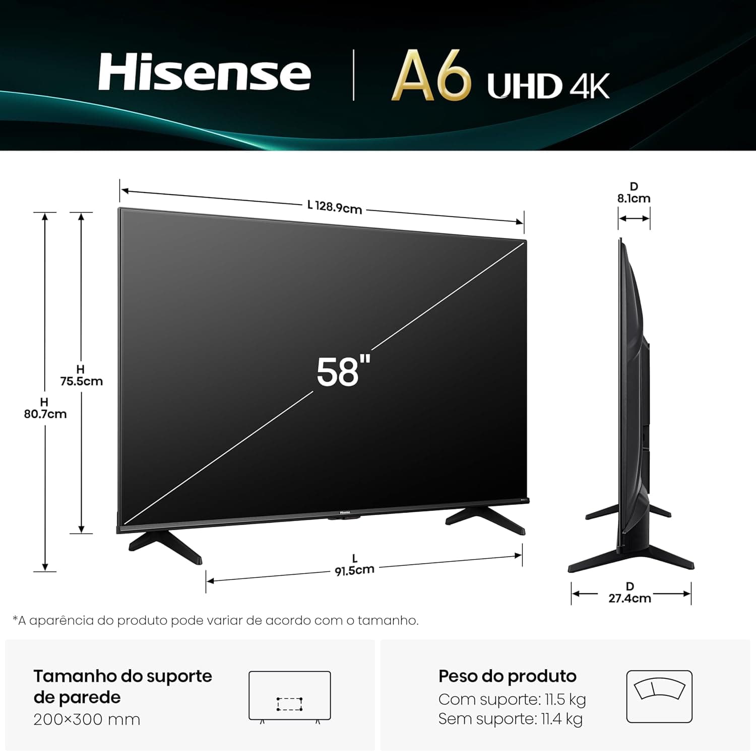 Hisense Smart TV 4K 58" Polegadas 58A6NV com Dolby Vision, HDR10, HLG, DTS Virtual X, Compatibilidade Alexa e Google Home - Imagem 4