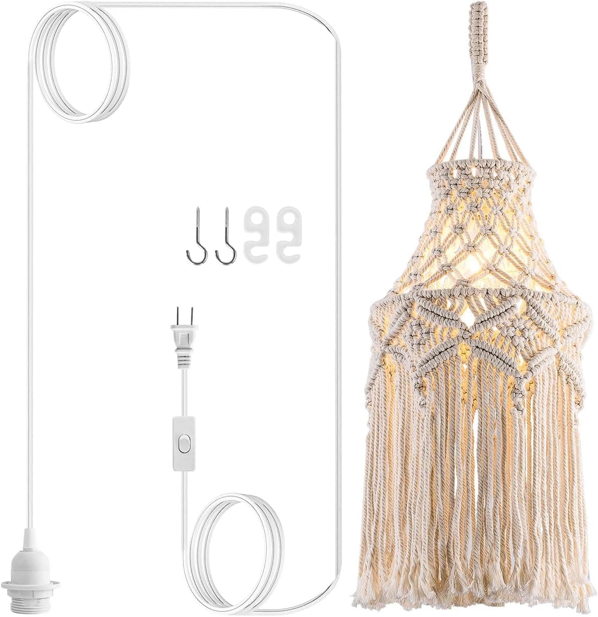 Boho Plug in Pendant Light Abajur de macramê com lâmpada pendurada com cabo de plugue, interruptor liga/desliga, luminárias de suspensão boêmias que se conectam à tomada de parede para decoração de