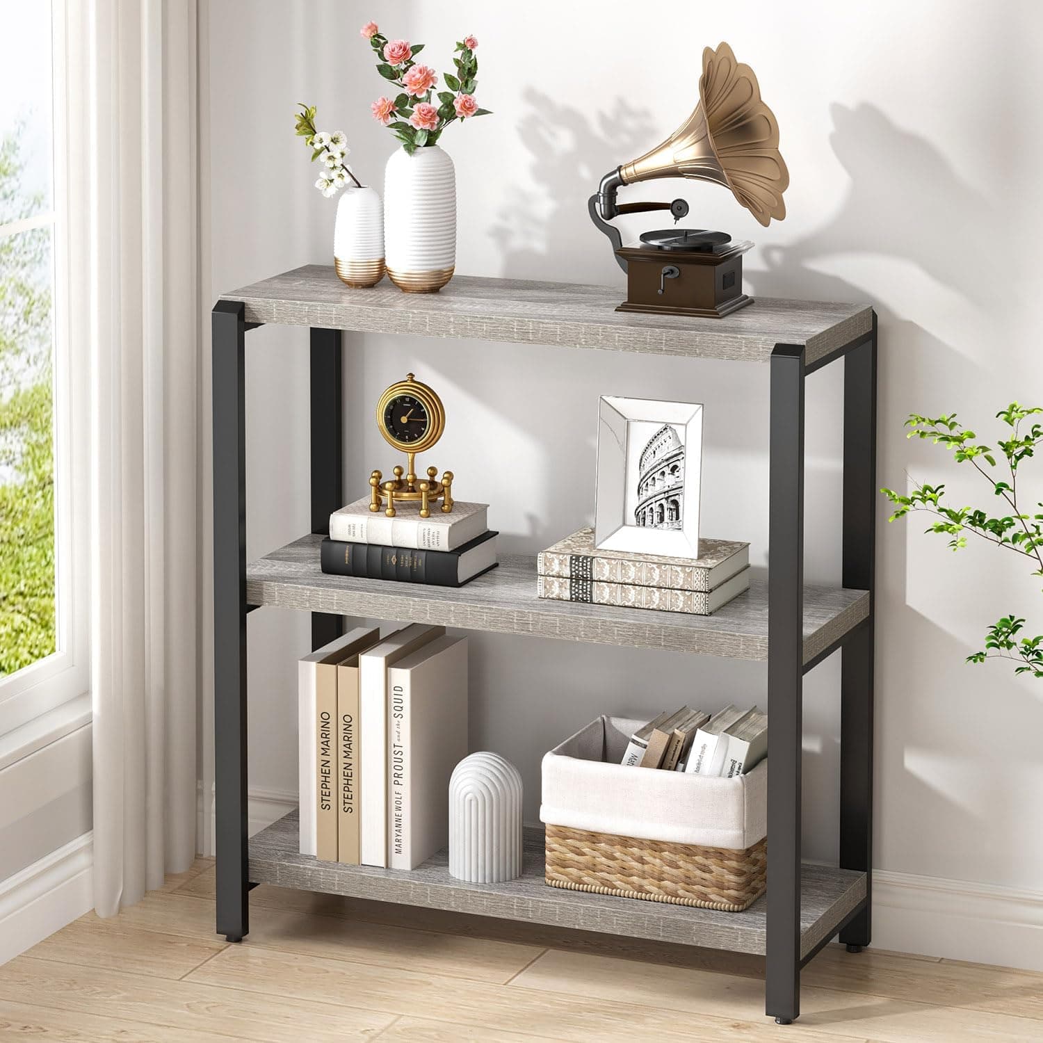 FOLUBAN Estante de livros de 3 camadas, estante de livros e estante industrial de madeira e metal, estojo curto para escritório, sala de estar, quarto, cinza claro - Imagem 4