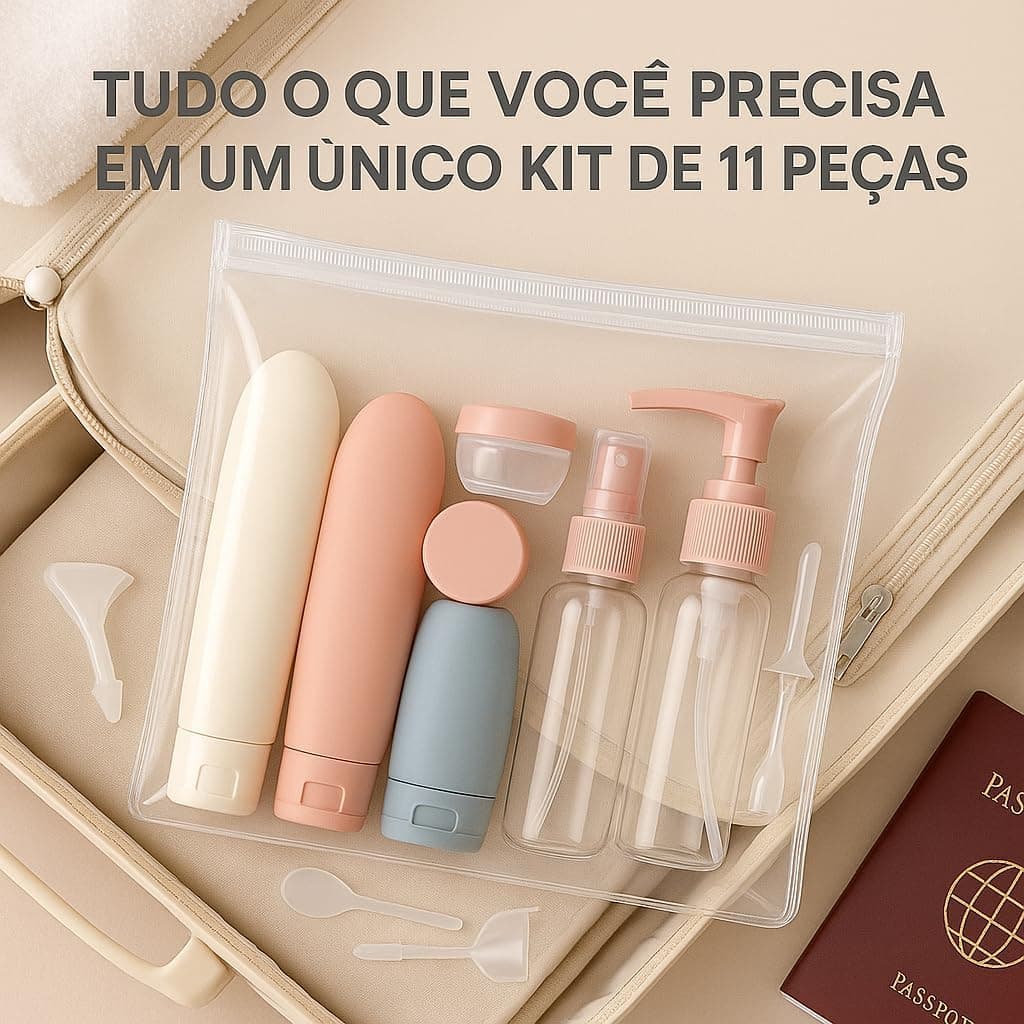 Kit de Viagem 11 Frascos Recarregaveis Para Shampoo Condicionador Sabonete Creme Alcool em Gel Maquiagem e Cosmeticos em Geral – Premium - Imagem 3