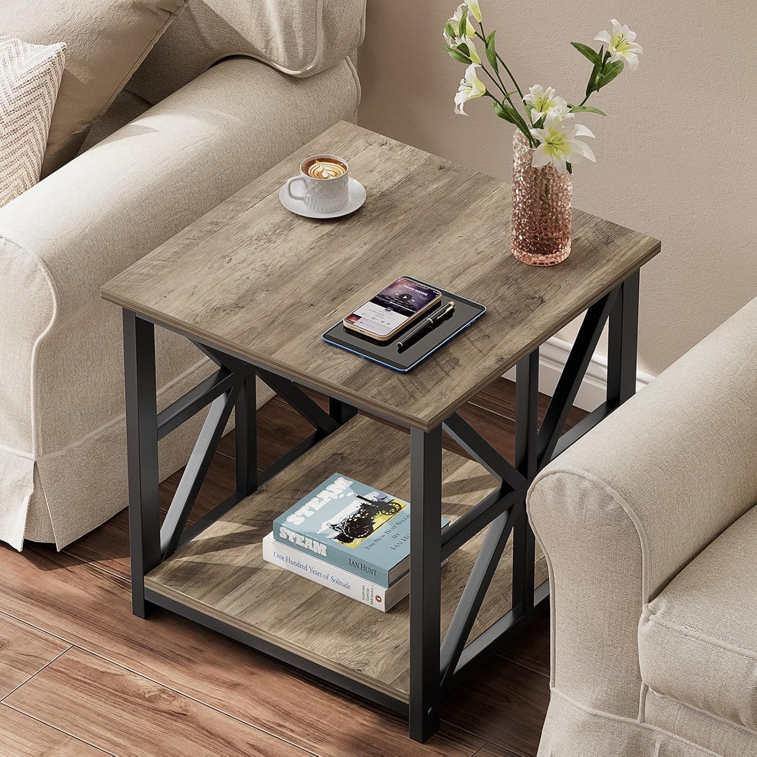 GreenForest Mesa de canto com prateleira de armazenamento de 2 níveis, mesa lateral grande de 61 cm para sala de estar, mesa de cabeceira moderna para quarto, cabeceira, escritório, fazenda, lavagem - Imagem 3