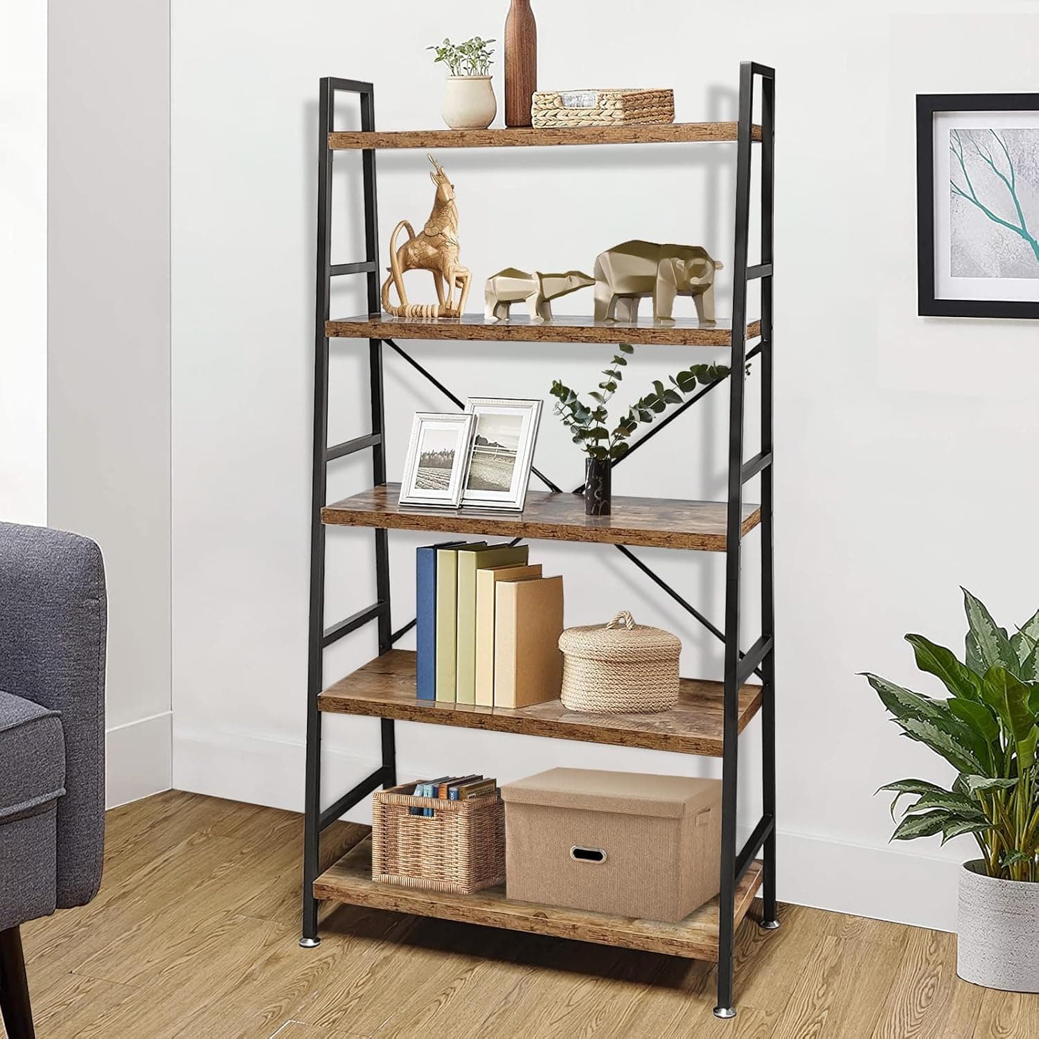 Estante de livros de escada de 5 camadas, estante rústica de madeira marrom e metal resistente com prateleiras de 3 cm de espessura, 160 cm A x 76 cm L x 35 cm P, prateleira de armazenamento aberta