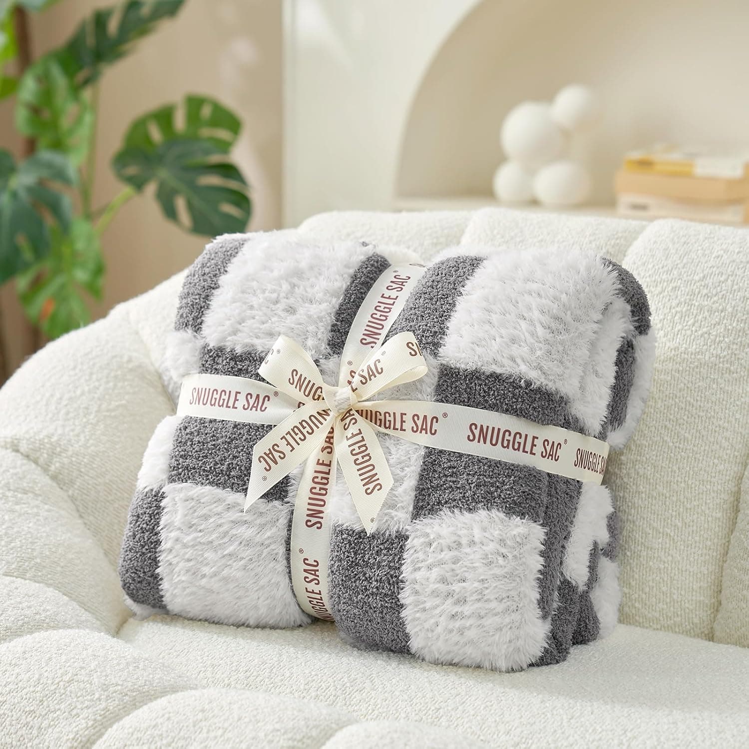 Snuggle Sac Cobertor xadrez de pele sintética tamanho solteiro com tecido de microfibra de malha macia, cobertor aconchegante e quente para sofá, quarto, sala de estar, xadrez cinza, 152 x 203 cm, - Imagem 4