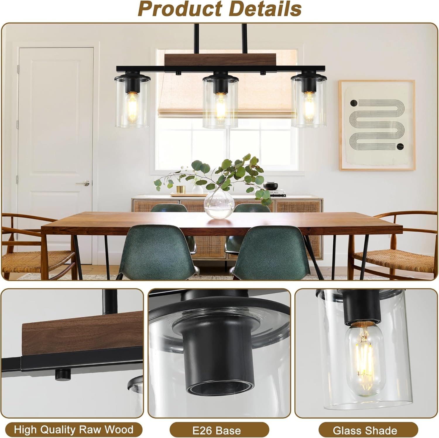 Luminárias de ilha de cozinha de 60 cm, lustre de 3 luzes para sala de jantar, lustre sobre mesa, luminária pendente de teto de madeira rústica moderna preta, com sombra de vidro transparente, lustre - Imagem 4
