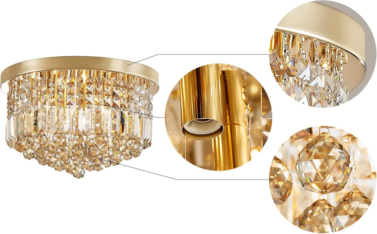 SM Saint Mossi Lustre de cristal K9 moderno 22002, montagem embutida, perfeito para sala de jantar quarto; base de lâmpada 9 x E12; altura 28 x diâmetro 50 cm; cristal champanhe e acabamento dourado - Imagem 4