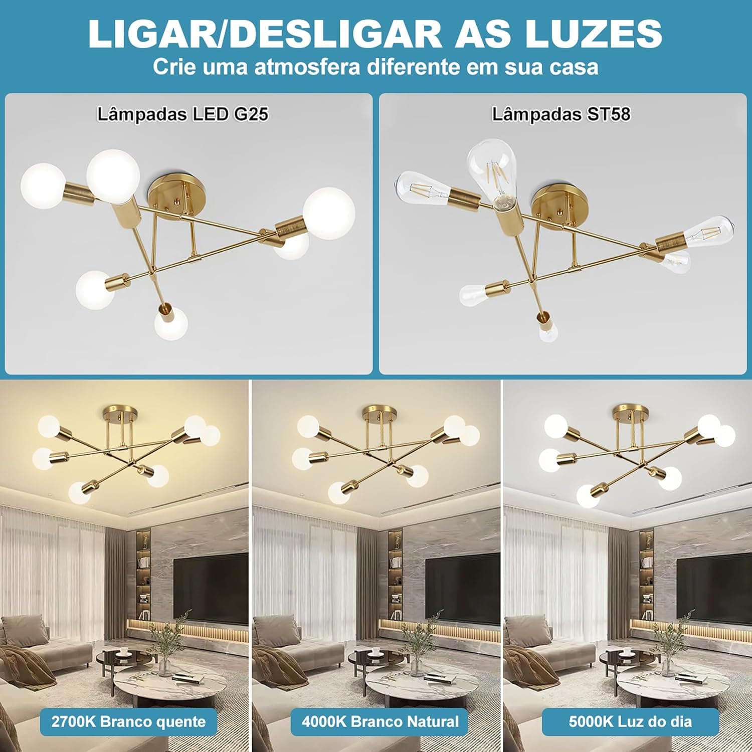 Luminária Pendente De 6 Cabeças Dourada, Pendente LumináriaDe Teto Regulável, Luminária Pendente Para Cozinha, Quarto, Sala De Estar (Lâmpada Não Incluída) - Imagem 4