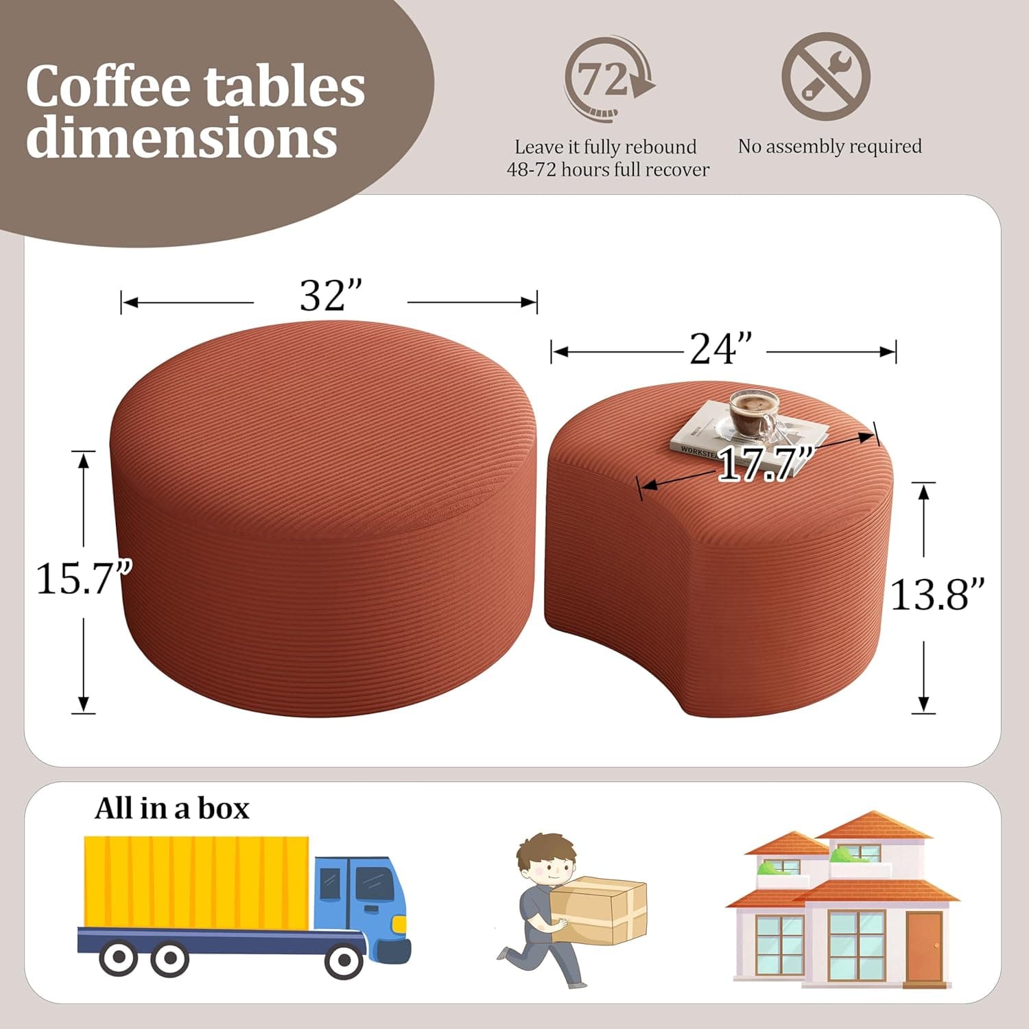 Conjunto de 2 mesas de centro estofadas redondas de veludo cotelê redondo de espuma lateral para sala de estar, conjunto de entrada, 81 cm + 43 cm, apoio para os pés ou bancos de cama, sem - Imagem 3
