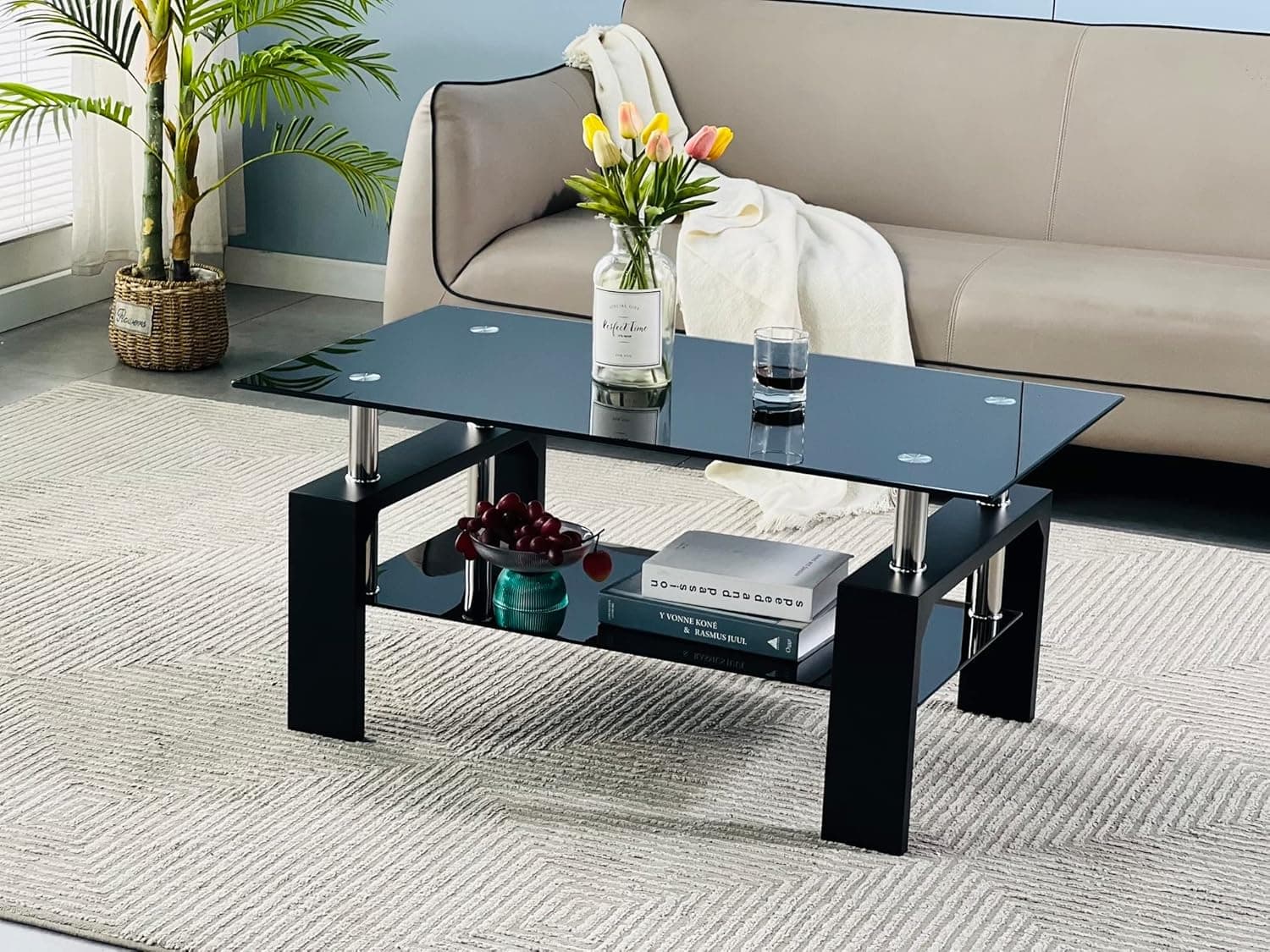 Btrpily Mesa de centro retangular para sala de estar, mesa de chá adequada para sala de espera, mesa de centro lateral moderna com perna de madeira, mesa de vidro com prateleira inferior, 100 cm C x
