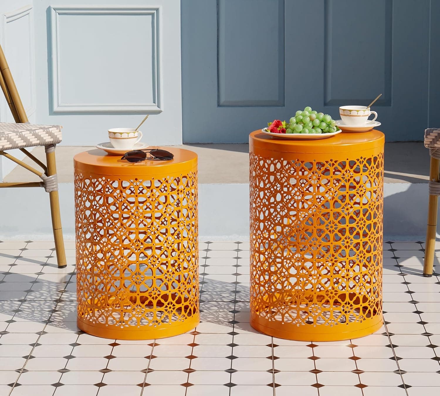 HFHOME Conjunto de 3 mesas laterais redondas resistentes, mesa de centro para uso interno multifuncional, banco de jardim decorativo ao ar livre, suporte de plantas, laranja - Imagem 3