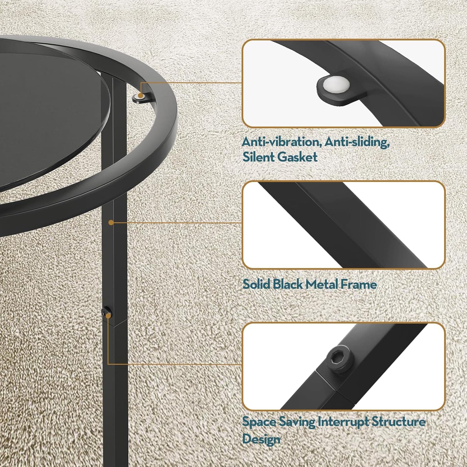 SAYGOER Mesa lateral pequena redonda de vidro para pequenos espaços, sofá estreito, mesa de cabeceira moderna com moldura de metal preto para quarto, sala de estar, fácil montagem - Imagem 4
