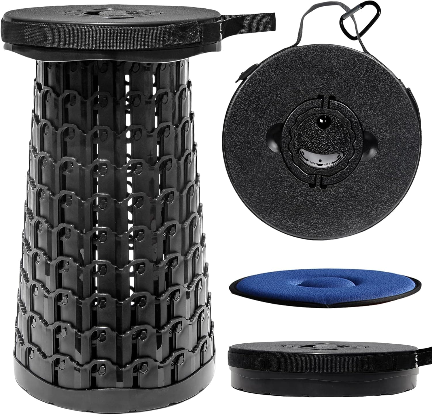 ALEVMOOM Banqueta dobrável 2025 XXL 50 cm com almofada, capacidade de 453 kg, bancos portáteis para adultos, resistente, banco dobrável telescópico de altura ajustável, para acampamento ao ar livre