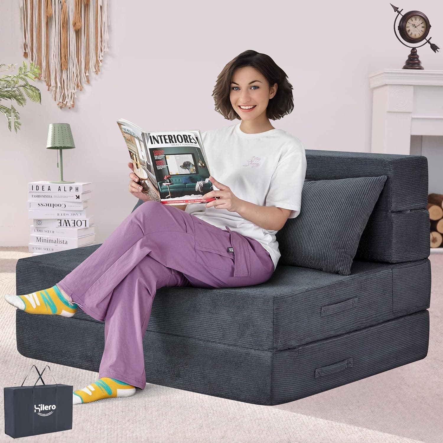 Sofá-Cama Dobrável 4 Em 1 Com Travesseiro, Sofá-Cama Dobrável De Espuma Viscoelástica Para Solteiro, Sofá-Cama Futon Moderno Para Sala De Estar/Quarto De Hóspedes/Apartamento, Cinza Escuro