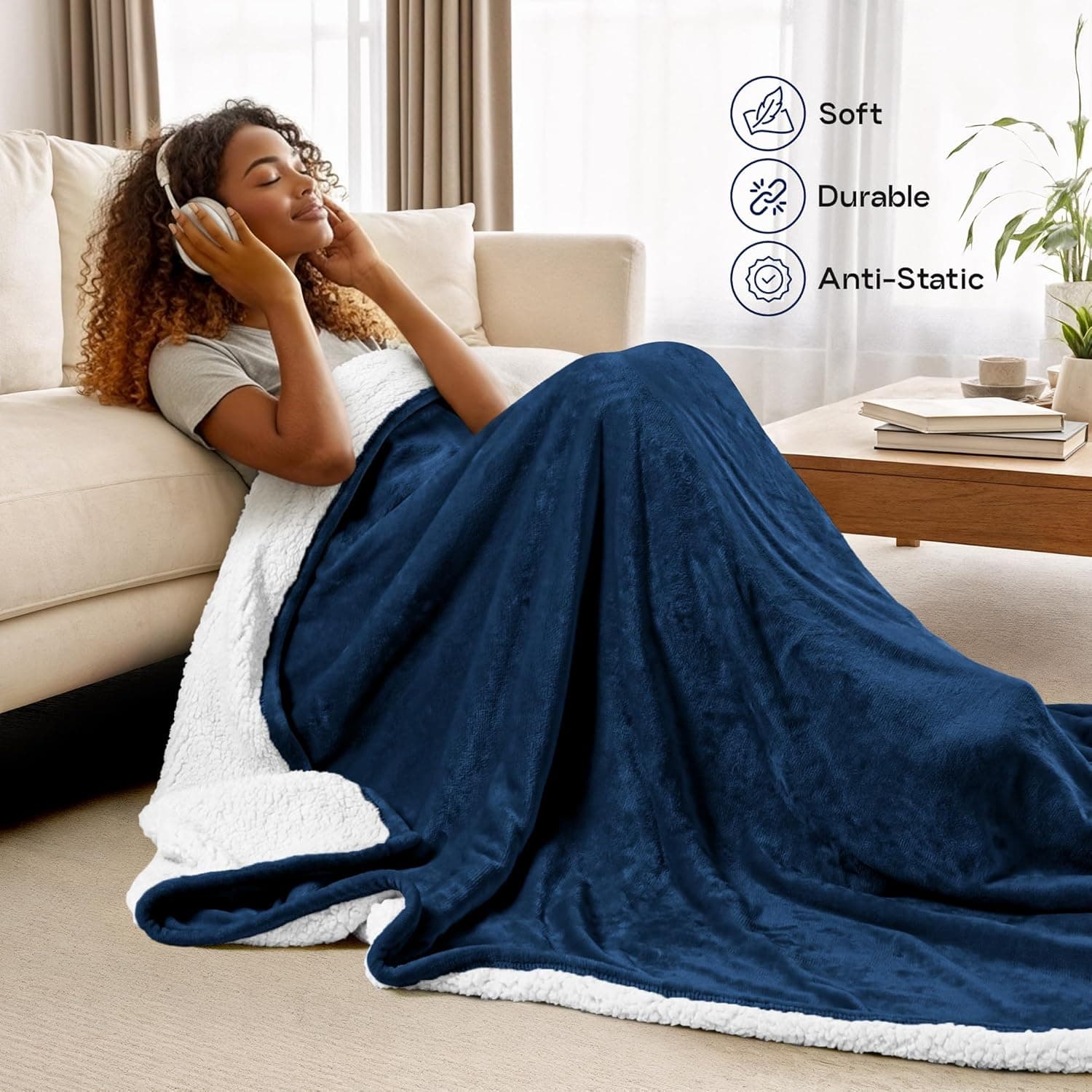 Utopia Bedding Cobertor de lã de ovelha tamanho solteiro (azul-marinho, 152 x 203 cm) - Cobertor reversível de lã de pelúcia suave para cama, sofá, acampamento e viagens - Imagem 4