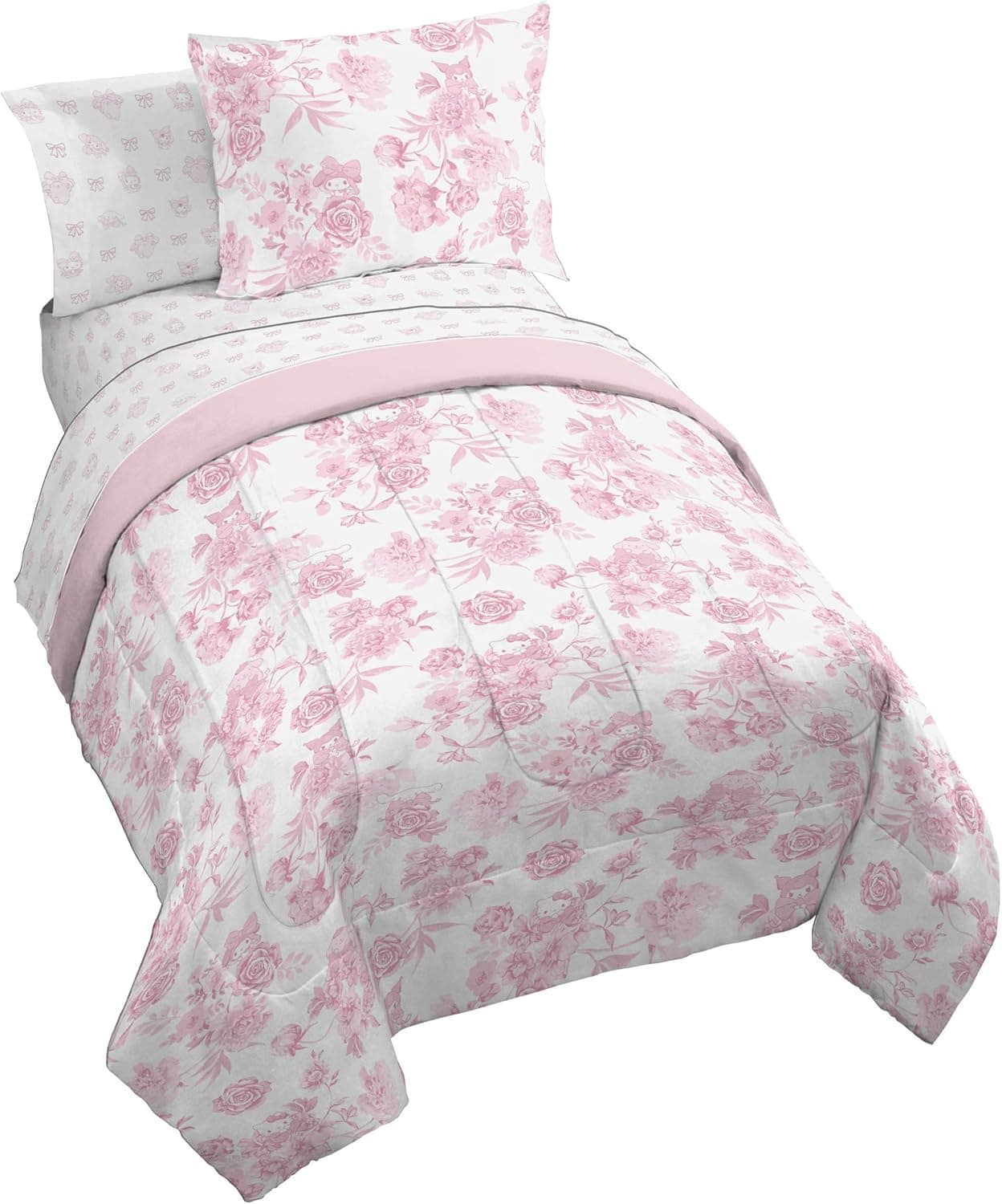 Jay Franco O conjunto de edredom inclui lençóis e fronhas - jogo de cama macio e aconchegante para decoração de quarto elegante, produto licenciado oficial, multi - Hello Kitty, 5 peças solteiro