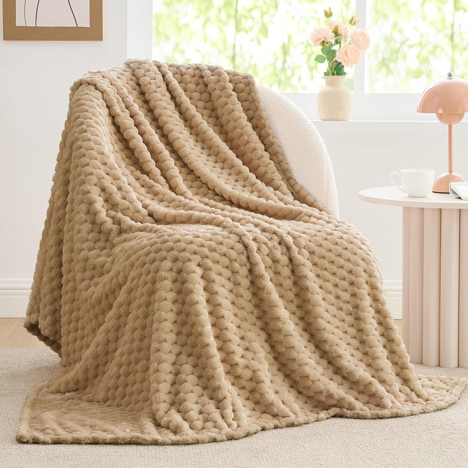 BEDELITE Cobertor de lã solteiro para sofá de cama, cobertor decorativo de camelo jacquard 3D, cobertor macio e aconchegante de pelúcia felpudo para todas as estações, adequado para todas as estações