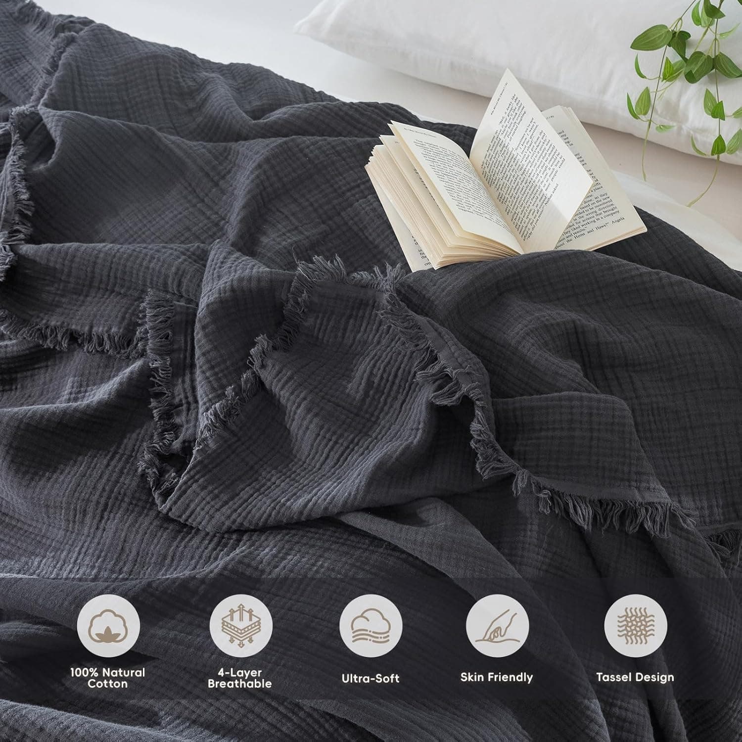 MooMee Cobertor de musselina - Cobertor de gaze de 4 camadas 100% algodão com franjas em toda a volta, ultramacio respirável leve refrescante decorativo para cama, sofá e sofá (cinza escuro, solteiro - Imagem 3