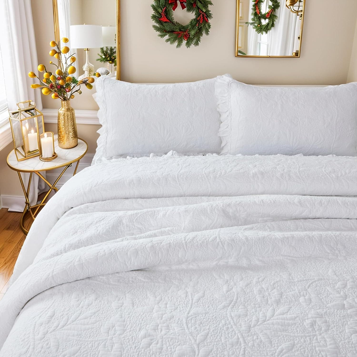 Brandream Colchas brancas king size de algodão Matelasse Conjunto de colcha chique gasto para cama com babados, 3 peças