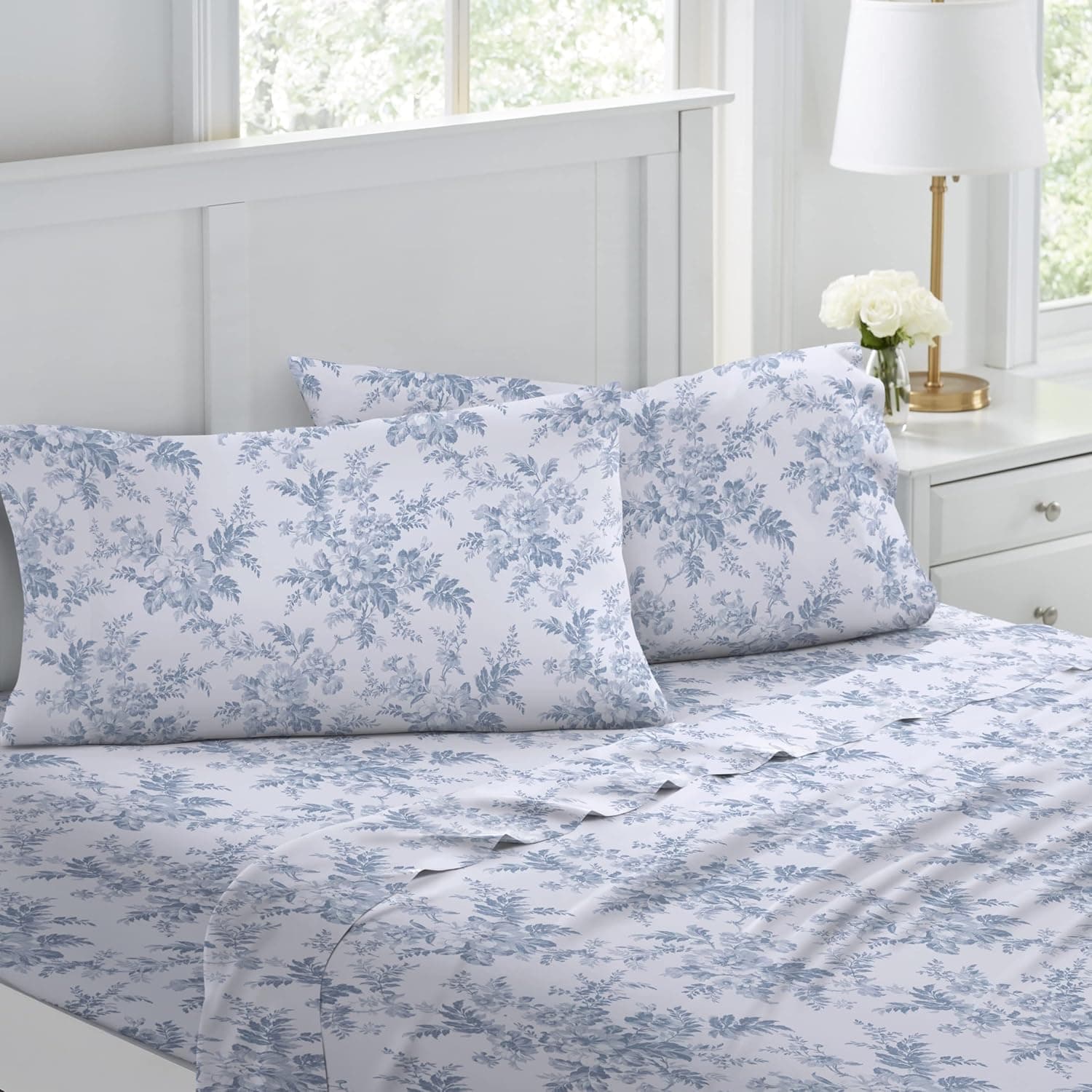 Laura Ashley - Conjunto de lençóis Vanessa - 100% algodão, flanela escovada ultramacia, pré-encolhida e antibolinhas, lavável na máquina, fácil de cuidar, solteiro, floral azul e branco