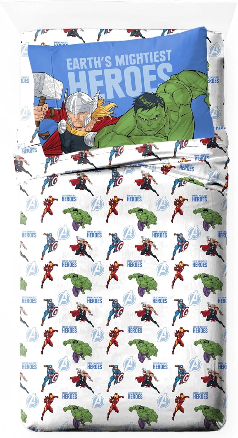 Jay Franco Jogo de lençol infantil com elástico, lençol de cima e fronha - roupa de cama ultramacia com fronha para decoração de quarto, branco - Vingadores, solteiro de 3 peças