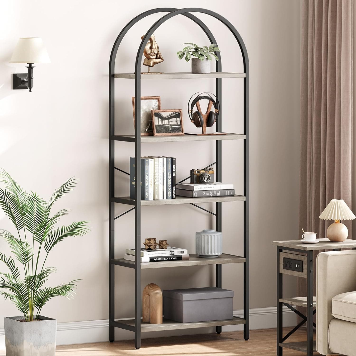 IDEALHOUSE Estante de 5 prateleiras de exibição arqueadas prateleiras altas de metal estrutura de metal prateleira de armazenamento de casa de fazenda prateleira de livros cinza para quarto, sala de estar, escritório em casa