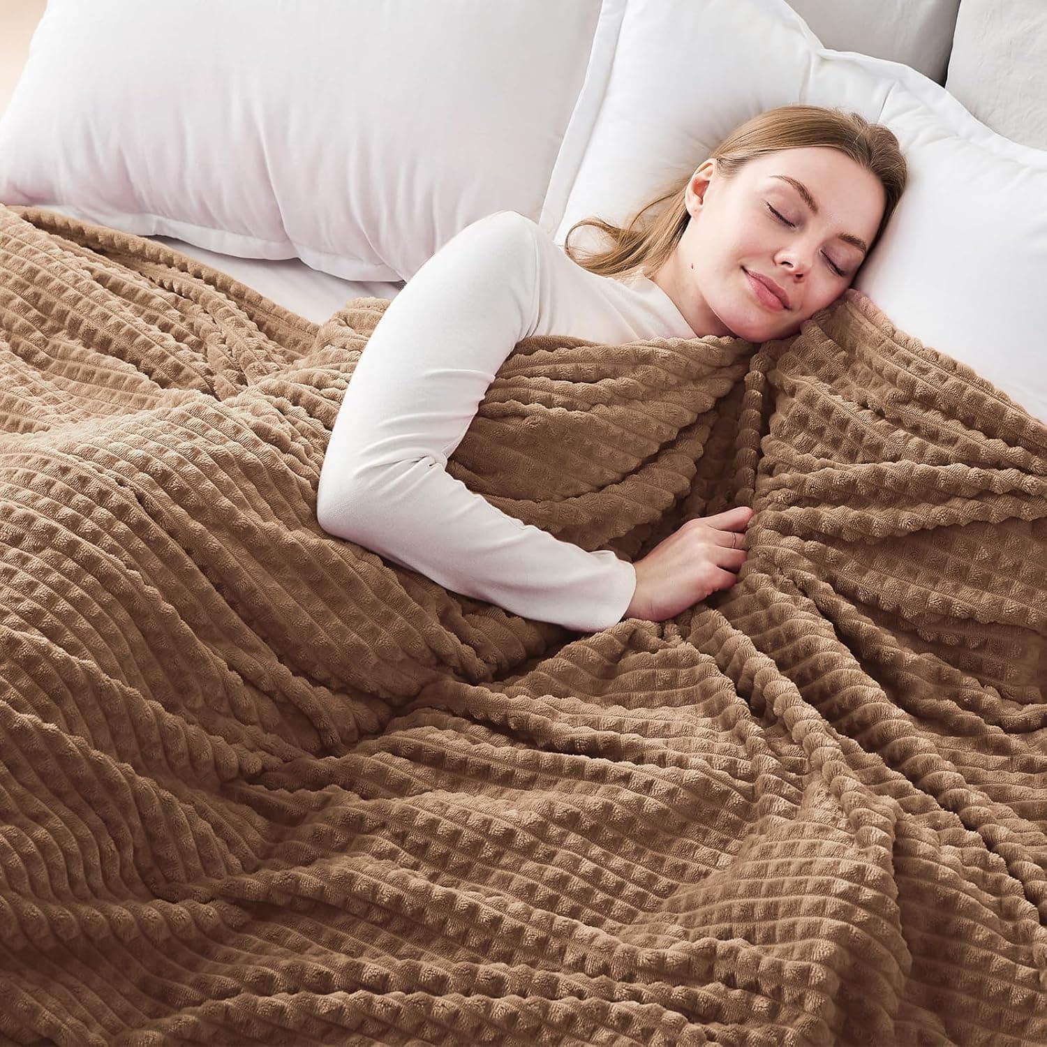 EMME Cobertor de lã de flanela de luxo tamanho solteiro para sofá-cama, sofá, cadeira, macio, macio, quente e aconchegante com design de grade geométrica (marrom, 152 x 203 cm) - Imagem 3