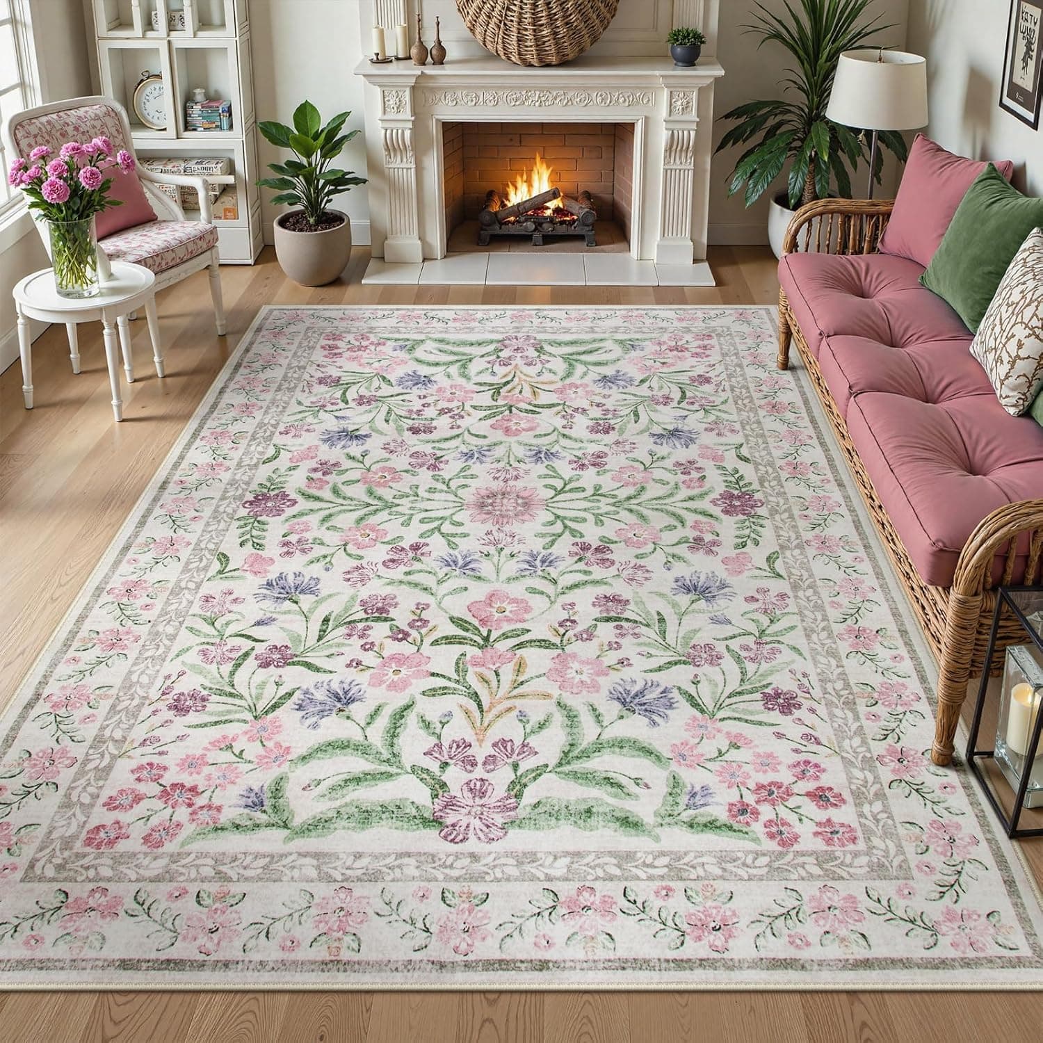 Wonnitar Tapete floral Boho 15 x 23 cm, tapetes roxos laváveis para quarto de meninas, antiderrapante, ultrafino, macio, para berçário, dormitório, sala de estar, roxo claro/rosa