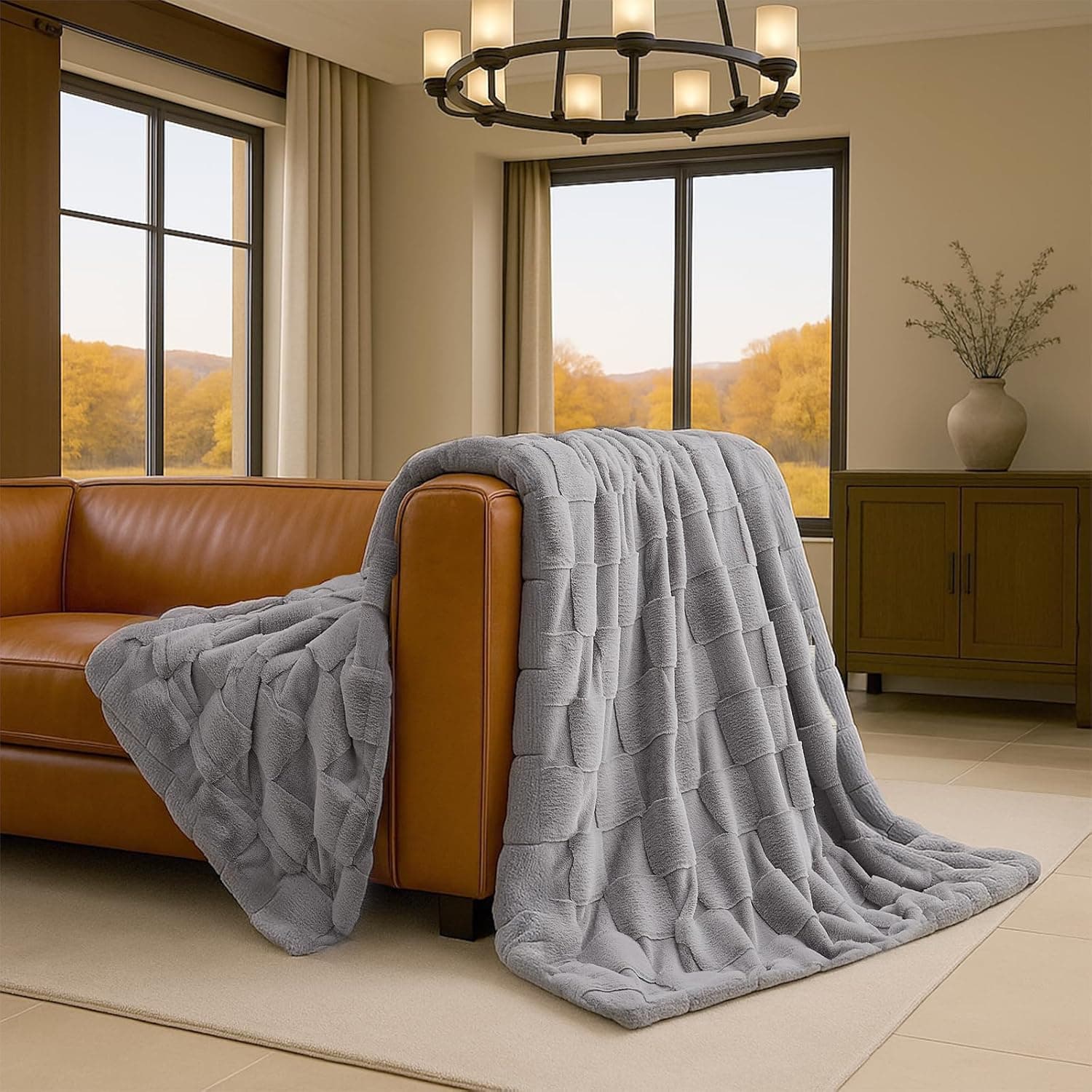 Cozy Bliss Cobertor solteiro de pele de coelho sintético xadrez para cama, cobertores macios e felpudos para mulheres e homens, manta de lã peluda para sofá quarto sala de estar (152 x 203 cm cinza - Imagem 3