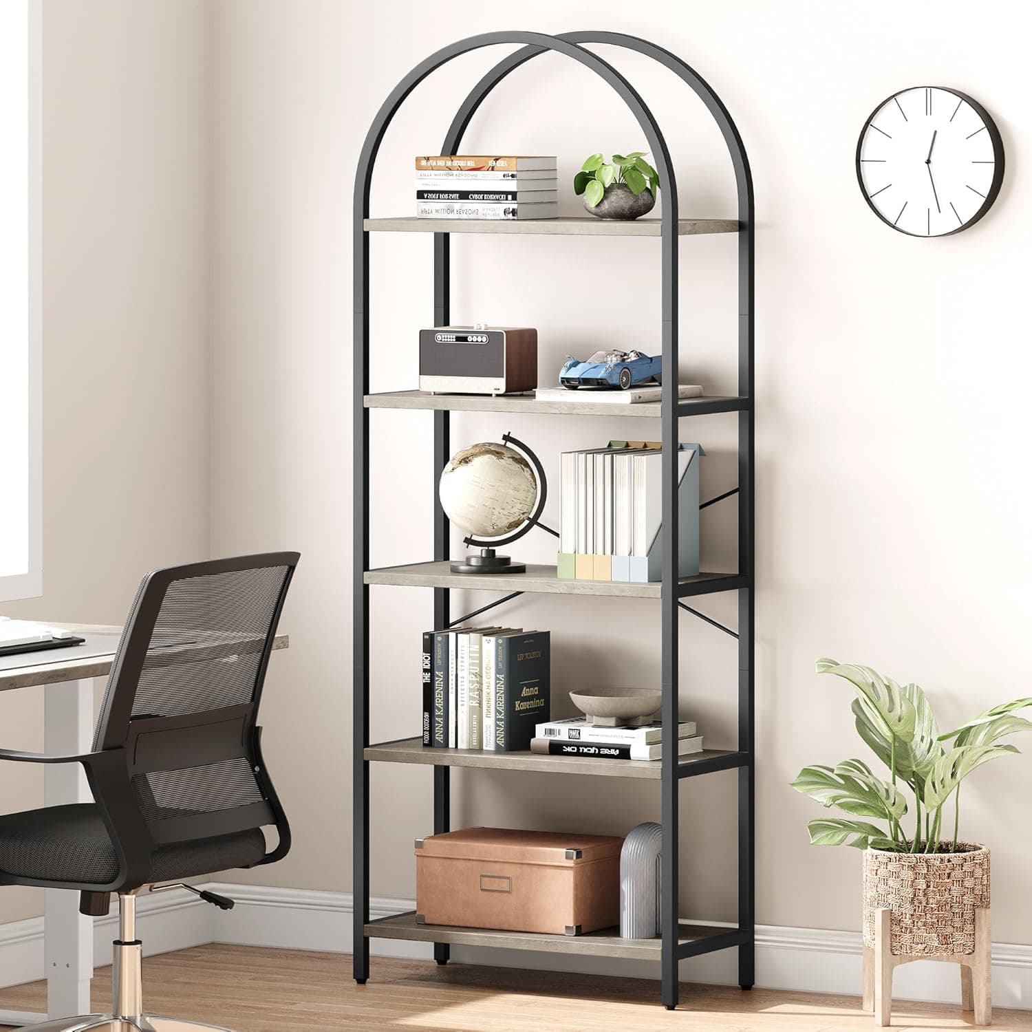 IDEALHOUSE Estante de 5 prateleiras de exibição arqueadas prateleiras altas de metal estrutura de metal prateleira de armazenamento de casa de fazenda prateleira de livros cinza para quarto, sala de estar, escritório em casa - Imagem 4