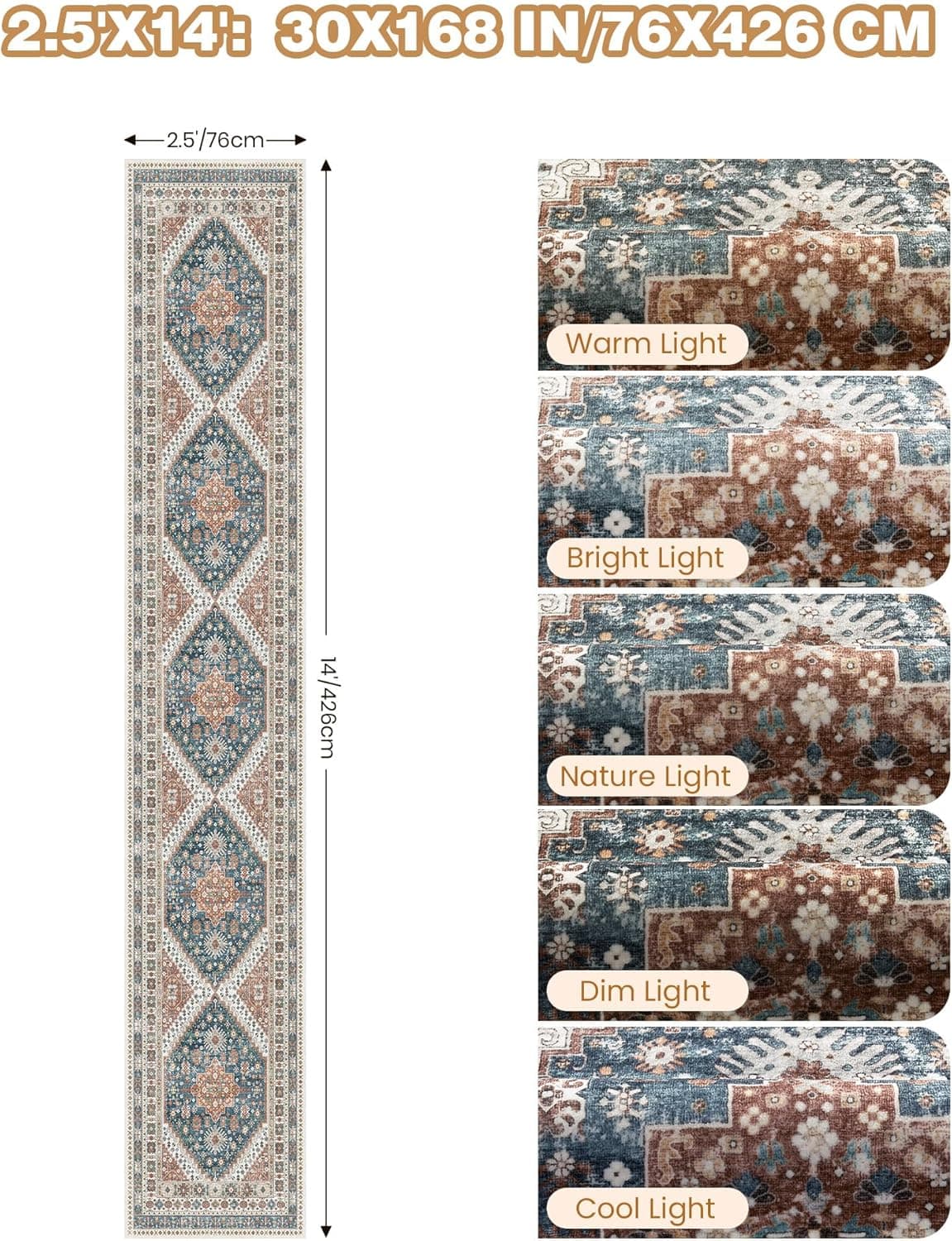 Tapete de corredor lavável 6 x 35 cm, tapetes de cozinha longos antiderrapantes para chão, tapete vintage para entrada, corredor macio para sala de jantar, quarto, sala de estar (azul - Imagem 3