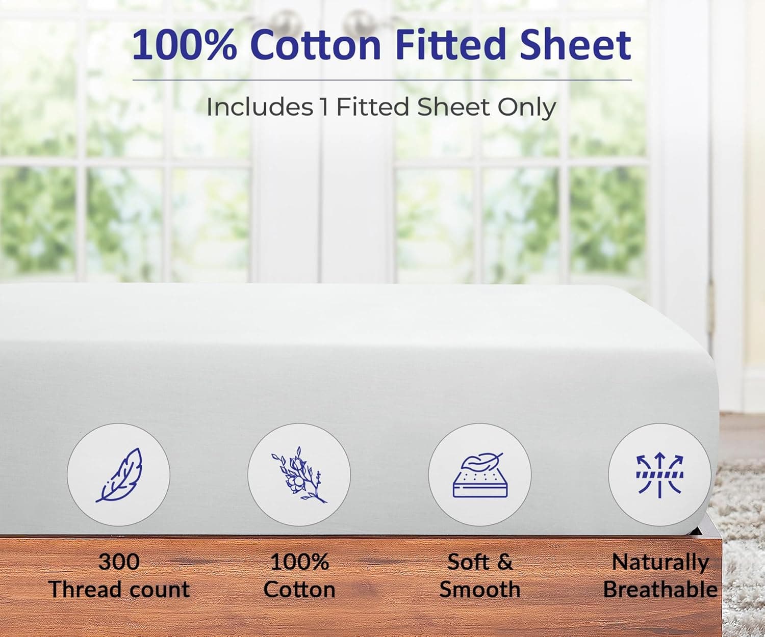 ROYALE LINENS Conjunto de lençóis de 300 fios 100% algodão penteado longo - 4 peças de lençol de casal - 1 elástico, 1 plano, 2 fronhas - Conjunto de lençóis macios e frescos (casal, branco) - Imagem 4