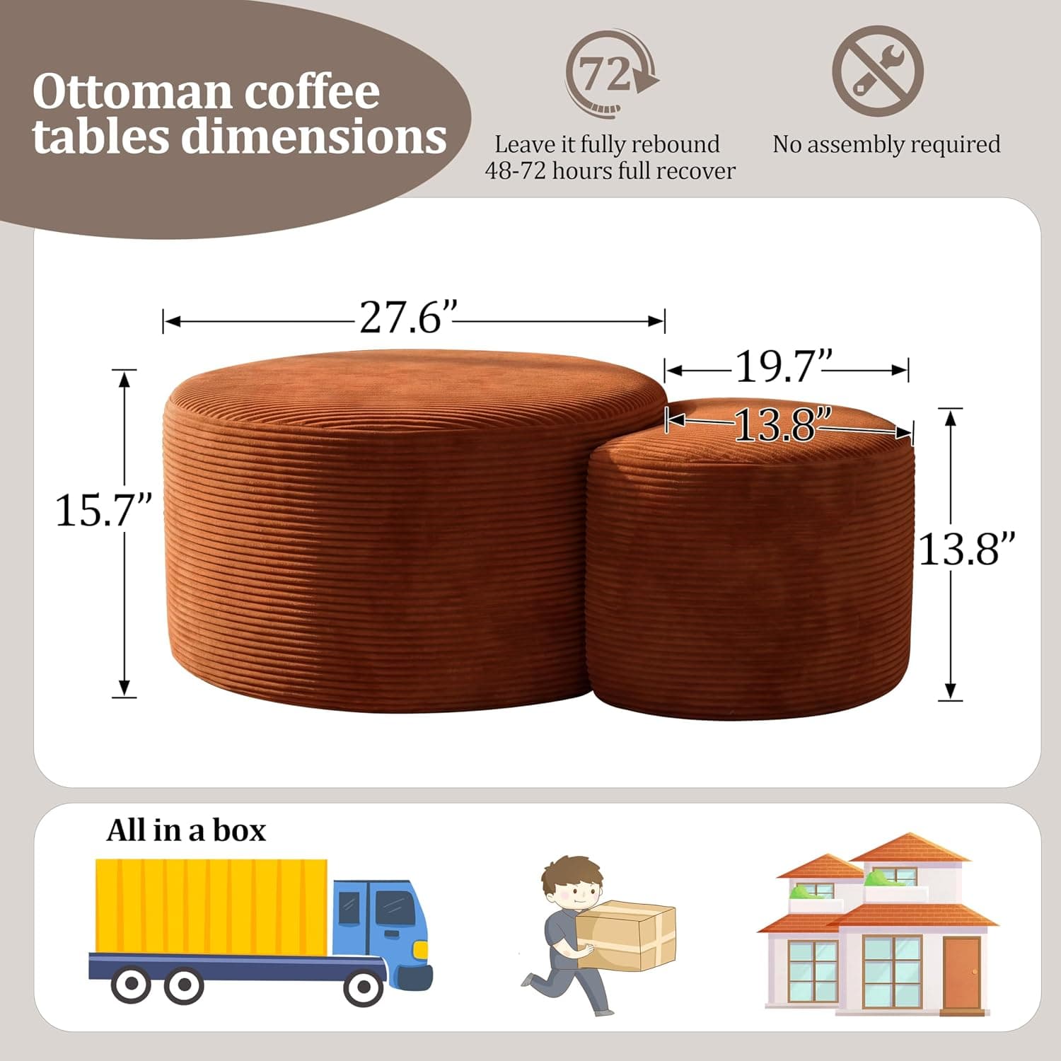 Conjunto de 2 mesas de centro estofadas redondas de veludo cotelê redondo de espuma lateral para sala de estar, conjunto de entrada, 81 cm + 43 cm, apoio para os pés ou bancos de cama, sem - Imagem 3