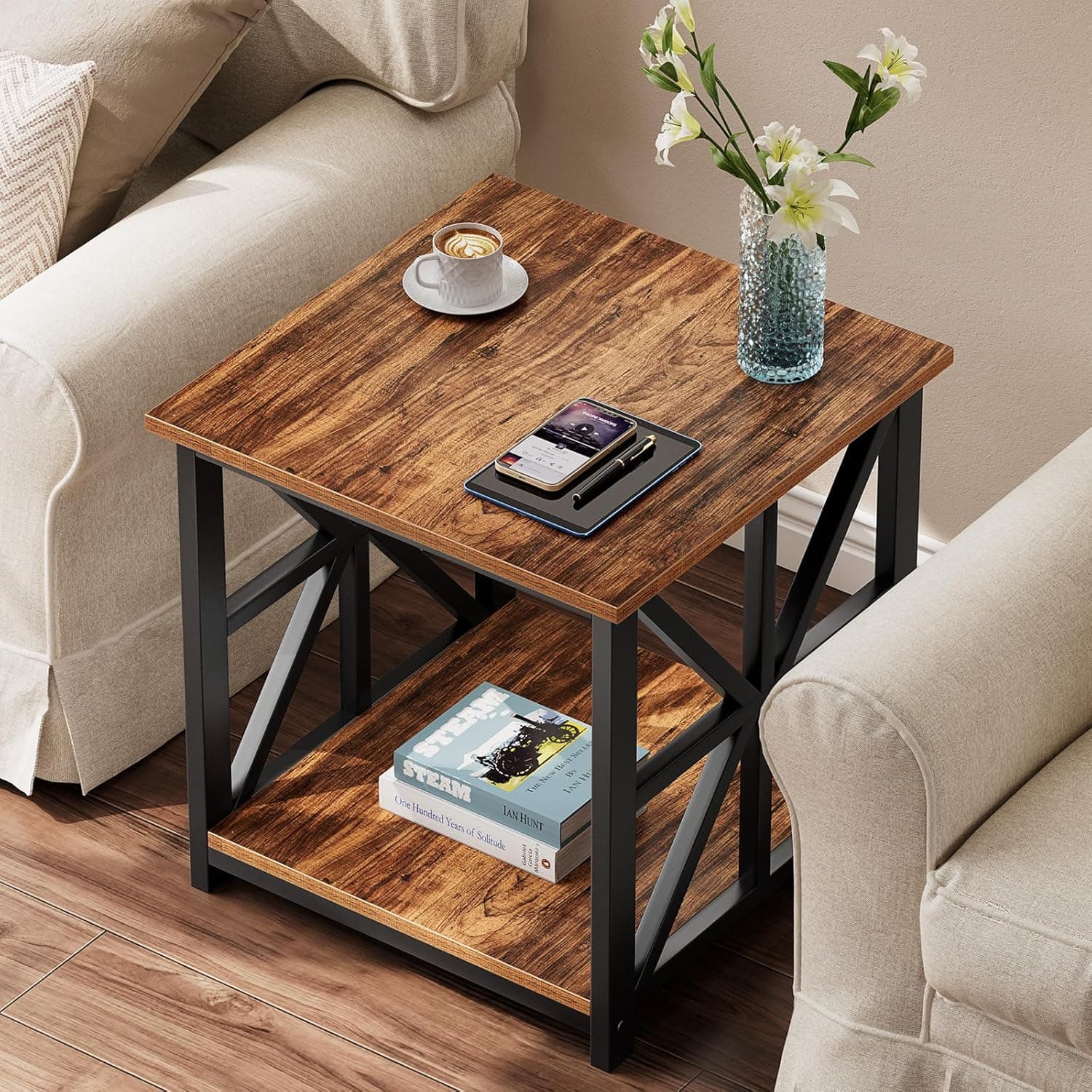 GreenForest Mesa de canto com prateleira de armazenamento de 2 camadas, mesa lateral grande de 61 cm para sala de estar, mesa de cabeceira moderna para quarto, cabeceira, escritório, quinta, nogueira - Imagem 3