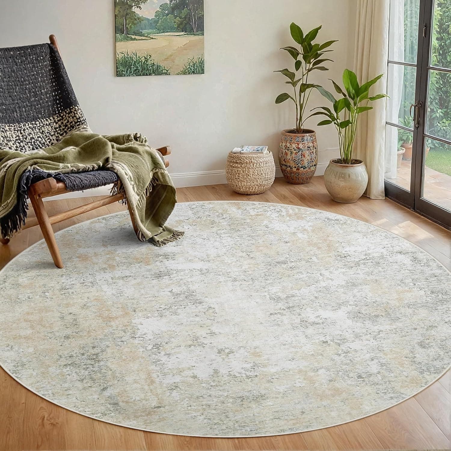 Tapete redondo de 1,5 m Lavável: Tapete pequeno circular para entrada, cozinha, quarto, sala de jantar, sala de estar, 1,8 m, abstrato, faculdade, dormitório, antiderrapante, pilha baixa, bege, cinza