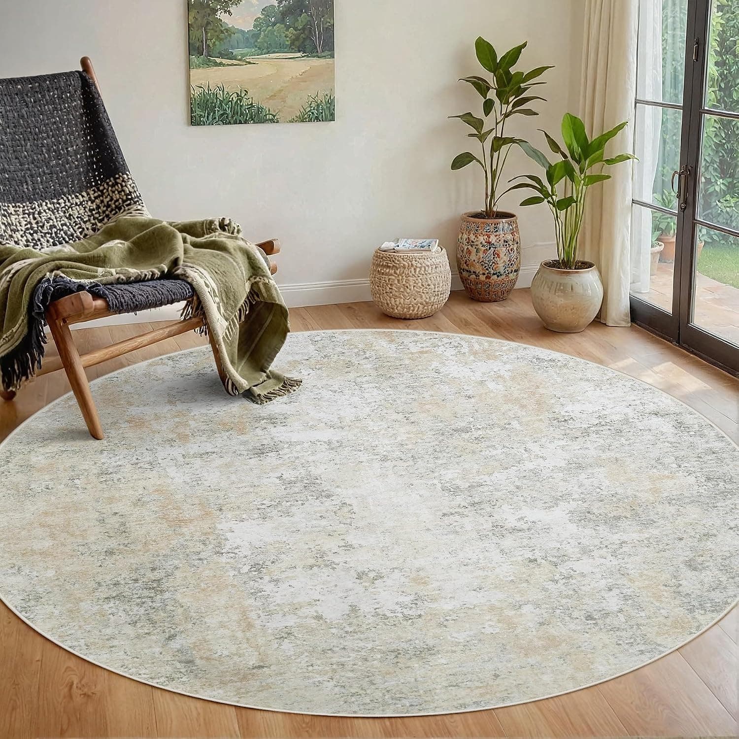 Tapete redondo de 1,5 m Lavável: Tapete pequeno circular para entrada, cozinha, quarto, sala de jantar, sala de estar, 1,8 m, abstrato, faculdade, dormitório, antiderrapante, pilha baixa, bege, cinza