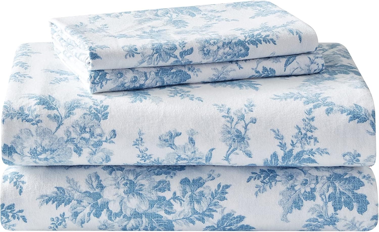 Laura Ashley - Conjunto de lençóis Vanessa - 100% algodão, flanela escovada ultramacia, pré-encolhida e antibolinhas, lavável na máquina, fácil de cuidar, solteiro, floral azul e branco - Imagem 4
