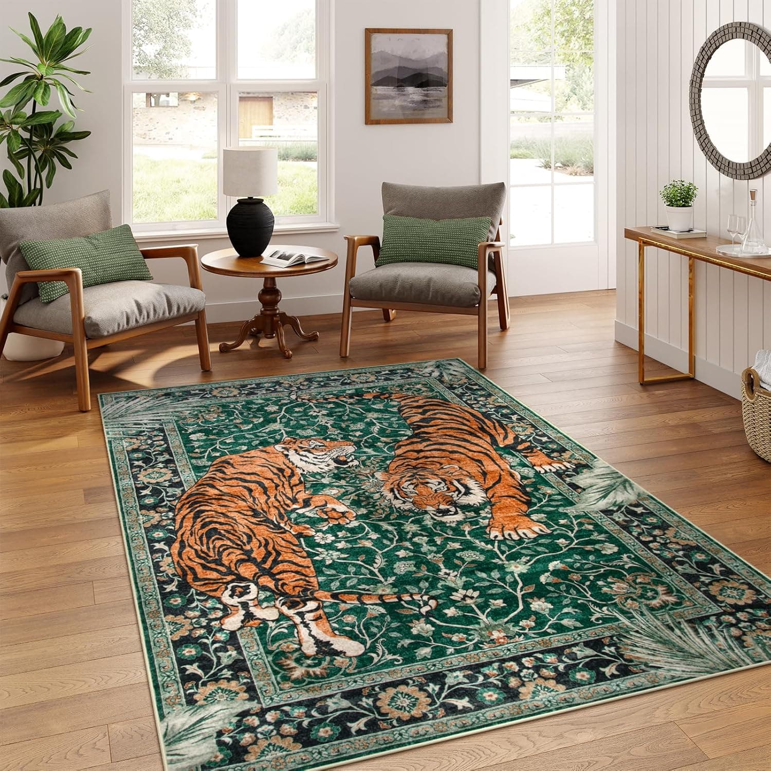 Tapete Moynesa Tiger Verde, 150 x 210 cm, Estilo Boho, Lavável e Antiderrapante para Sala de Estar, Quarto e Escritório