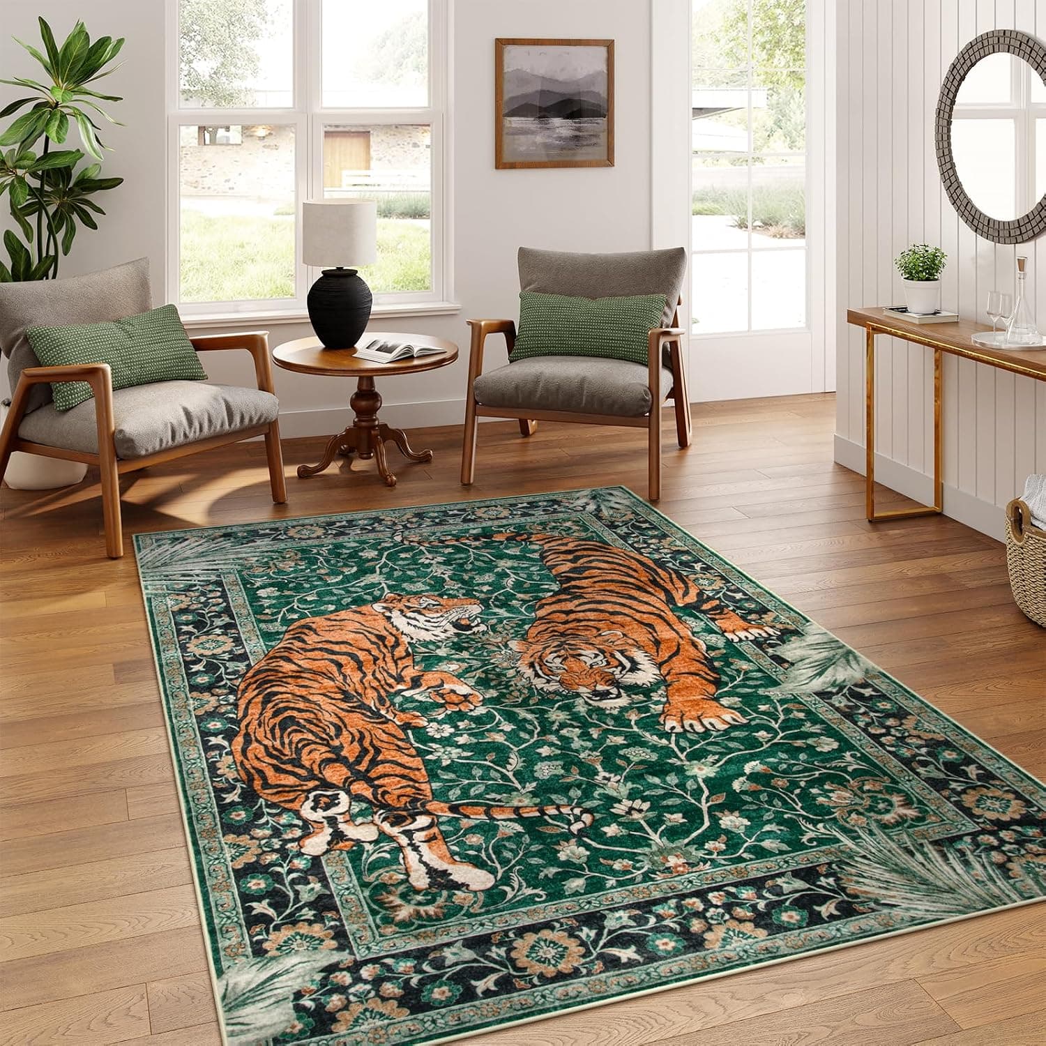 Tapete Moynesa Tiger Verde, 150 x 210 cm, Estilo Boho, Lavável e Antiderrapante para Sala de Estar, Quarto e Escritório