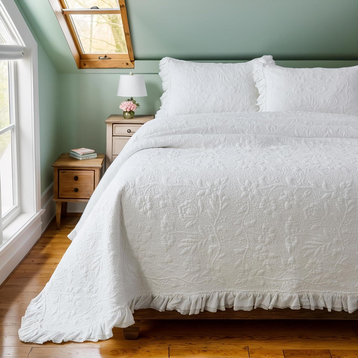 Brandream Colchas brancas king size de algodão Matelasse Conjunto de colcha chique gasto para cama com babados, 3 peças - Imagem 2