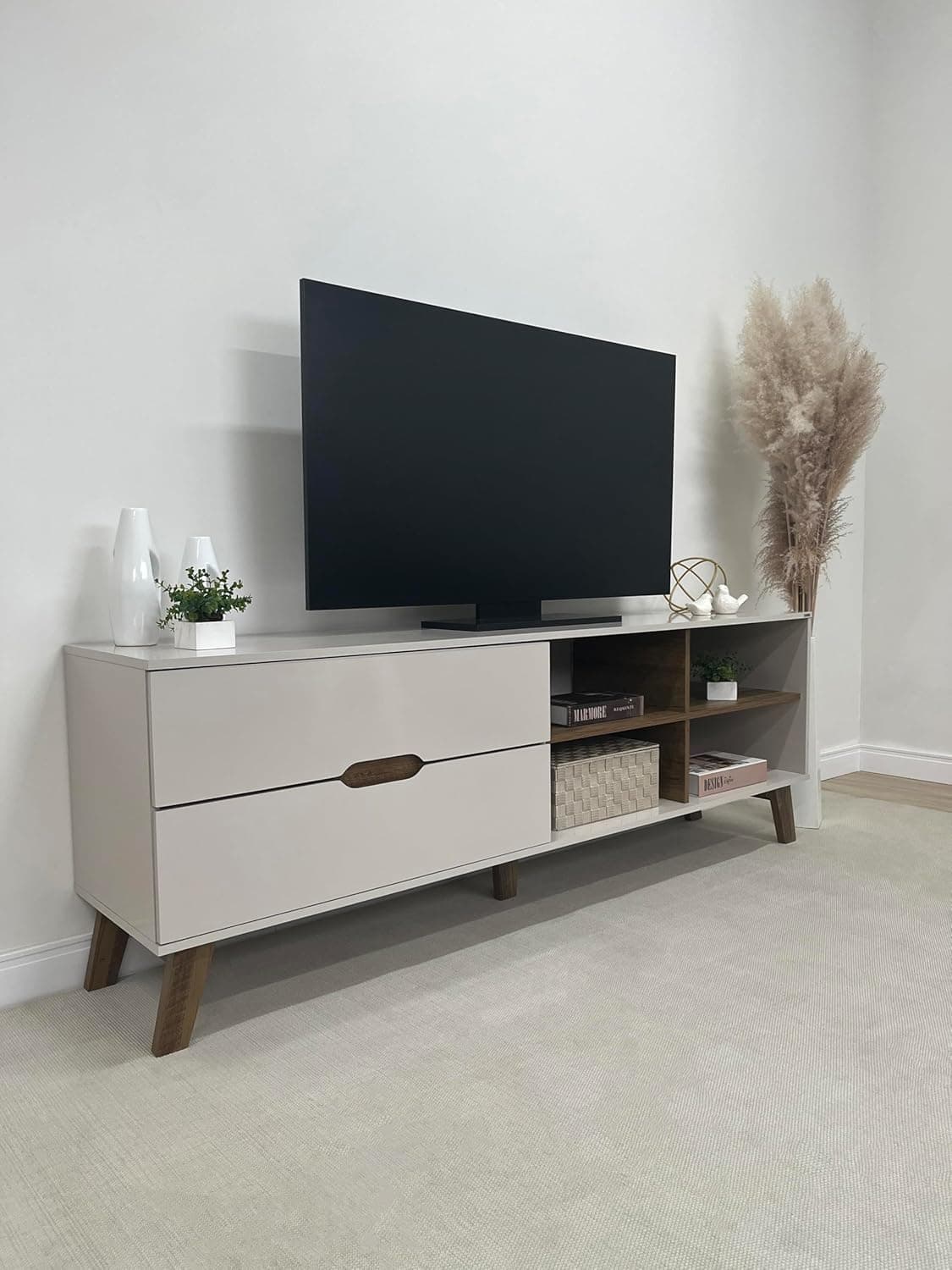 Rack para Tv ate 75" com 2 gavetas VERONA cor Off White/Pinho - Artely - Imagem 4
