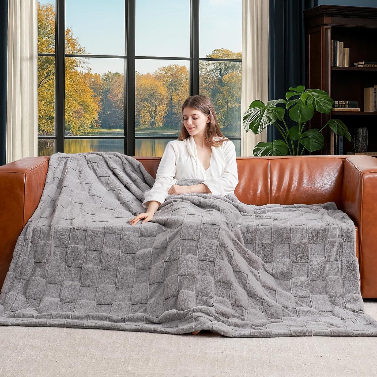 Cozy Bliss Cobertor solteiro de pele de coelho sintético xadrez para cama, cobertores macios e felpudos para mulheres e homens, manta de lã peluda para sofá quarto sala de estar (152 x 203 cm cinza - Imagem 3